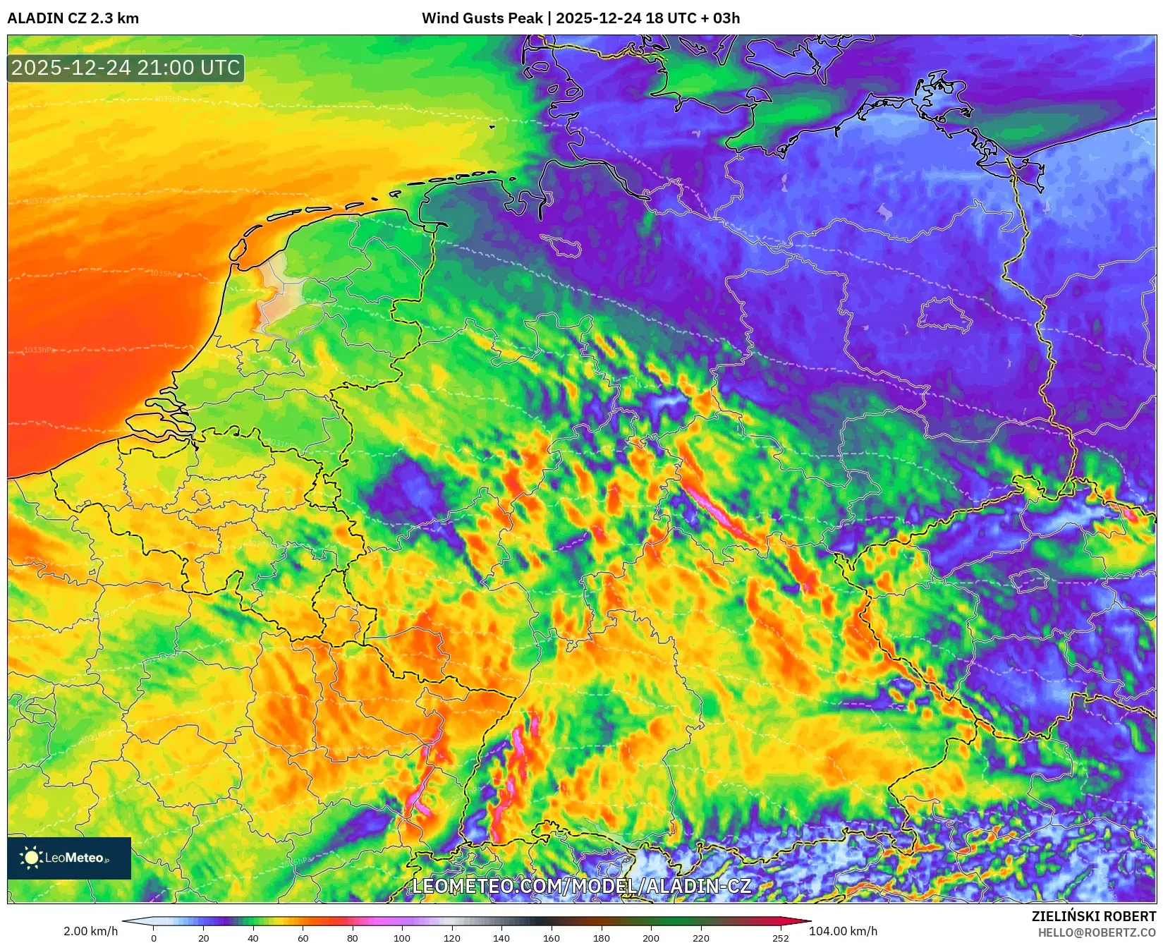 ALADIN CZ 2.3 km model - Germany, Wind Gusts Peak