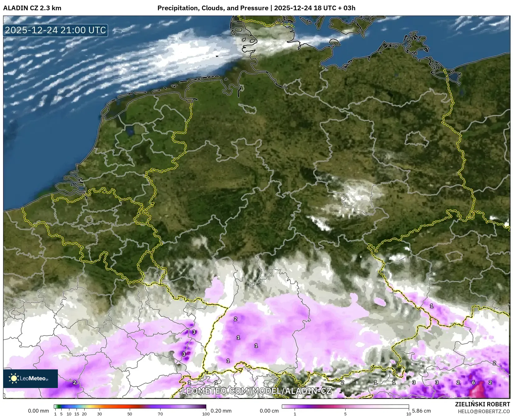 ALADIN CZ 2.3 km model - Germany, Precipitation, Clouds, and Pressure
