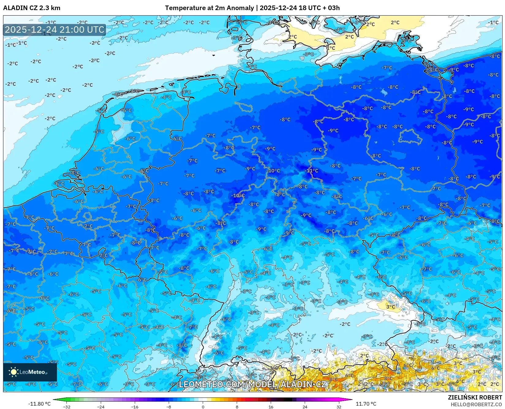 ALADIN CZ 2.3 km model - Germany, Temperature at 2m Anomaly