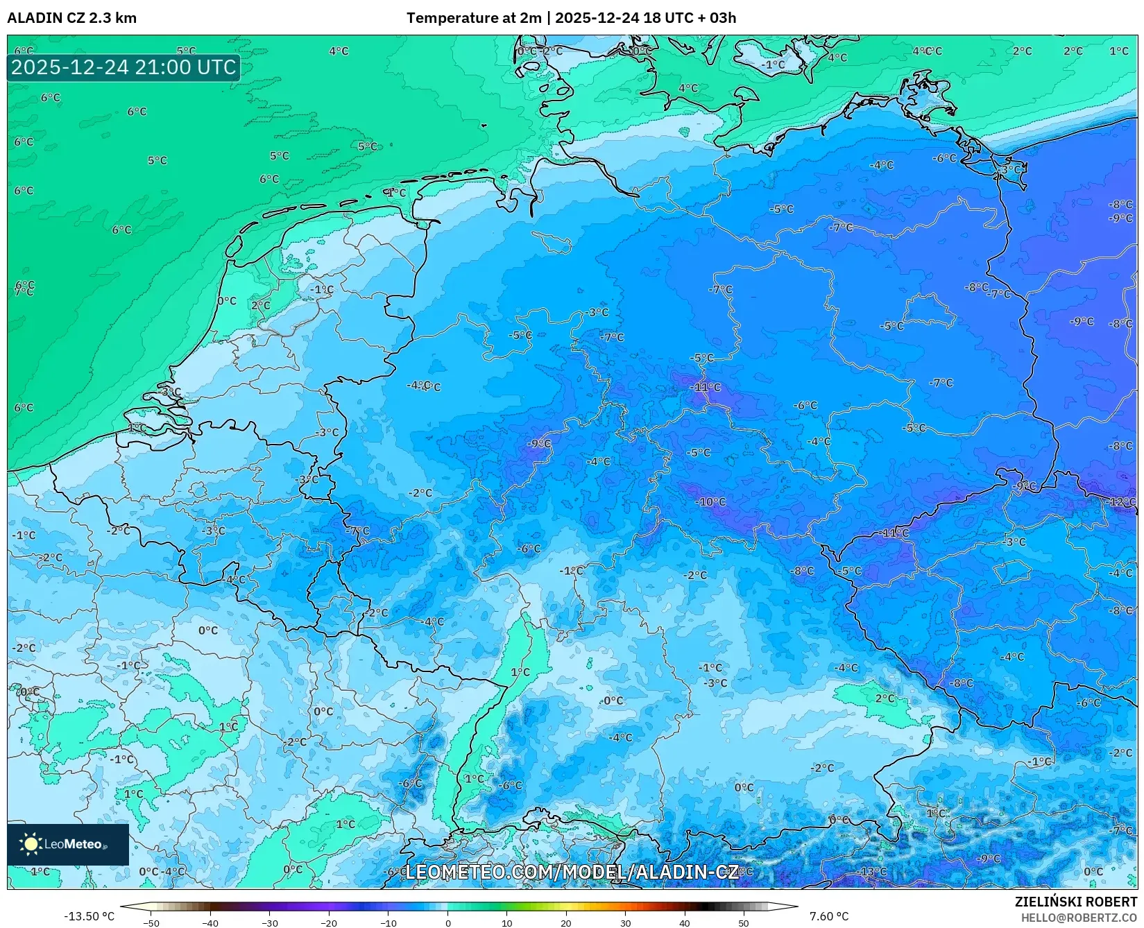 ALADIN CZ 2.3 km model - Germany, Temperature at 2m