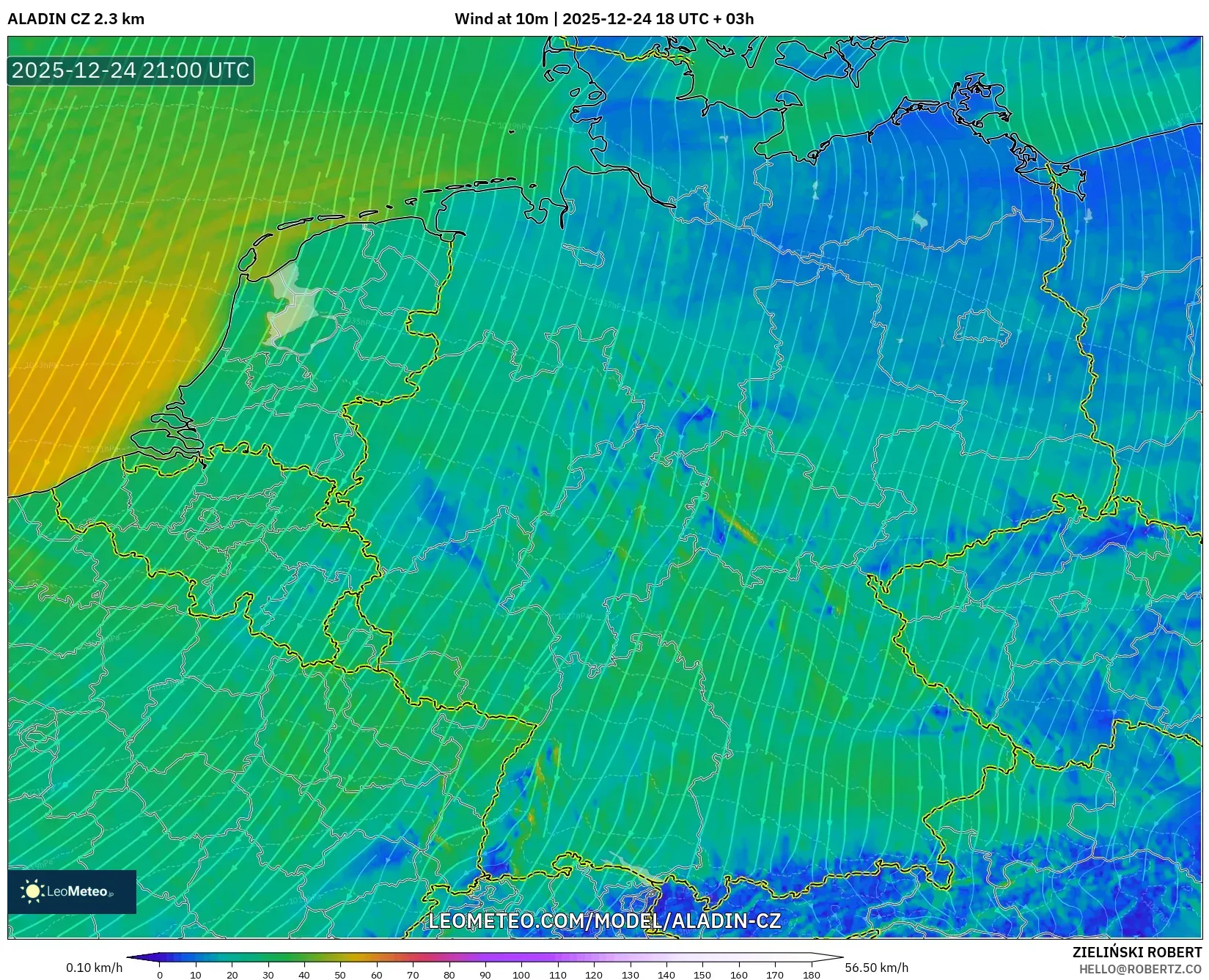 ALADIN CZ 2.3 km model - Germany, Wind at 10m