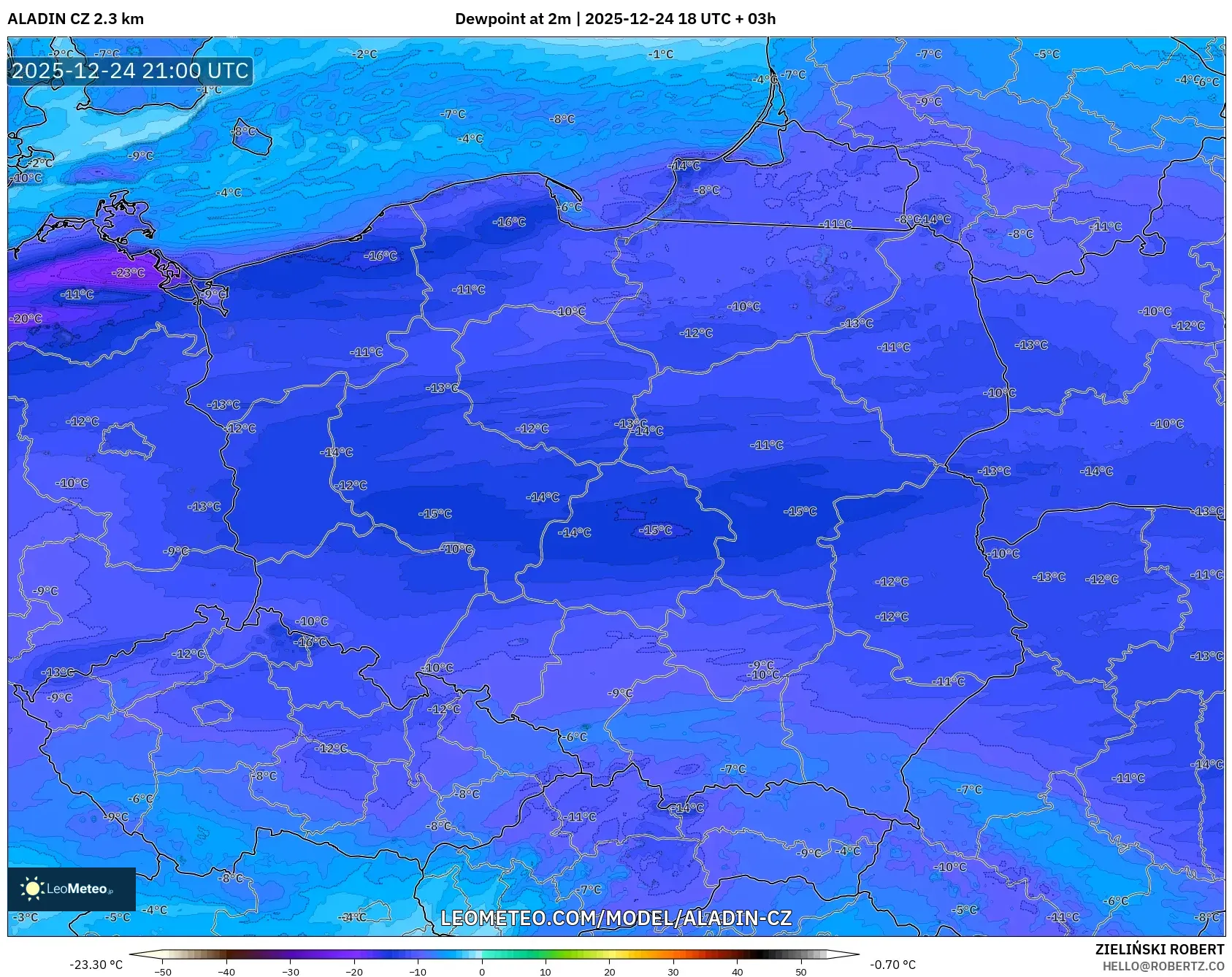 ALADIN CZ 2.3 km model - Poland, Dewpoint at 2m