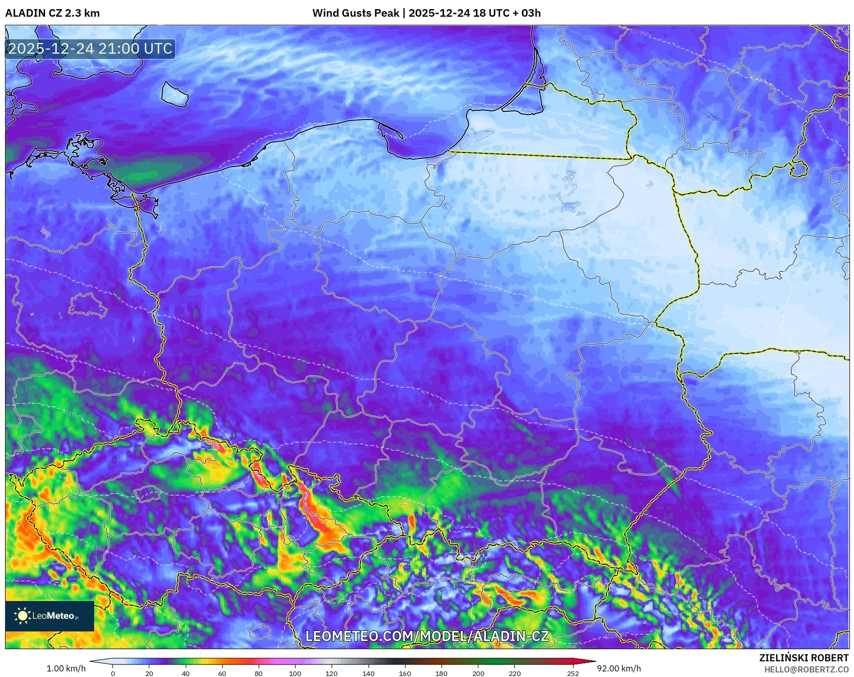 ALADIN CZ 2.3 km model - Poland, Wind Gusts Peak