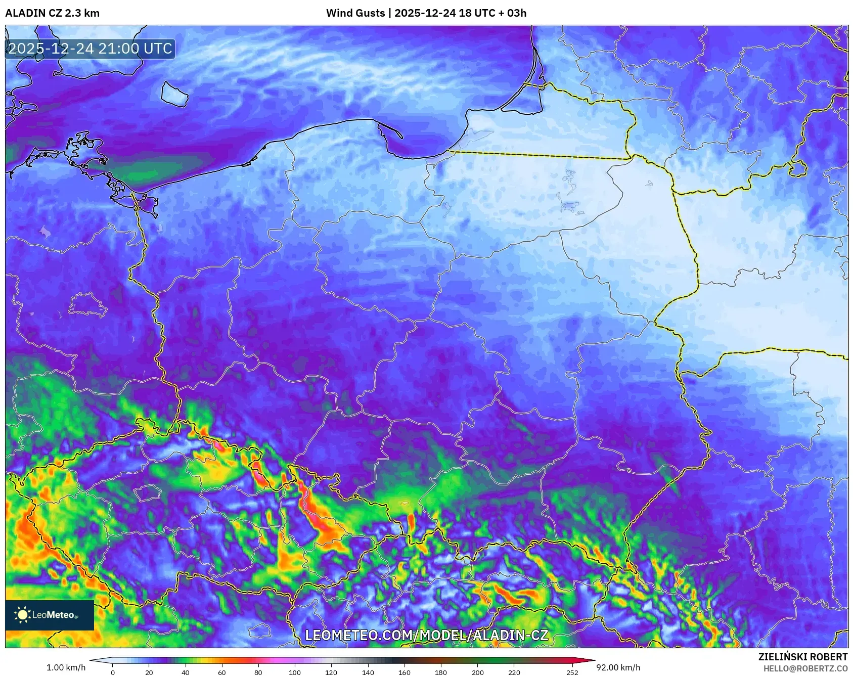ALADIN CZ 2.3 km model - Poland, Wind Gusts