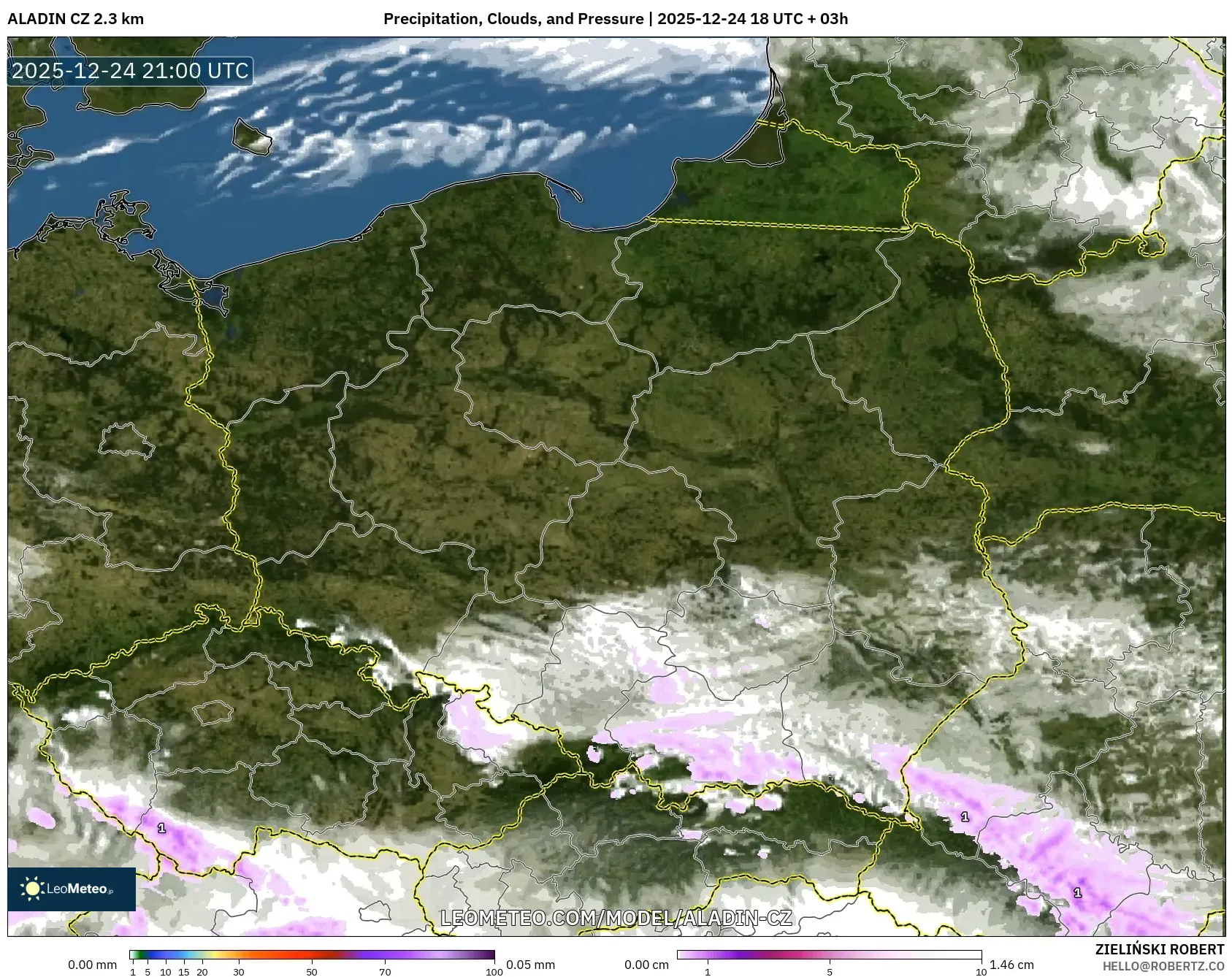 ALADIN CZ 2.3 km model - Poland, Precipitation, Clouds, and Pressure