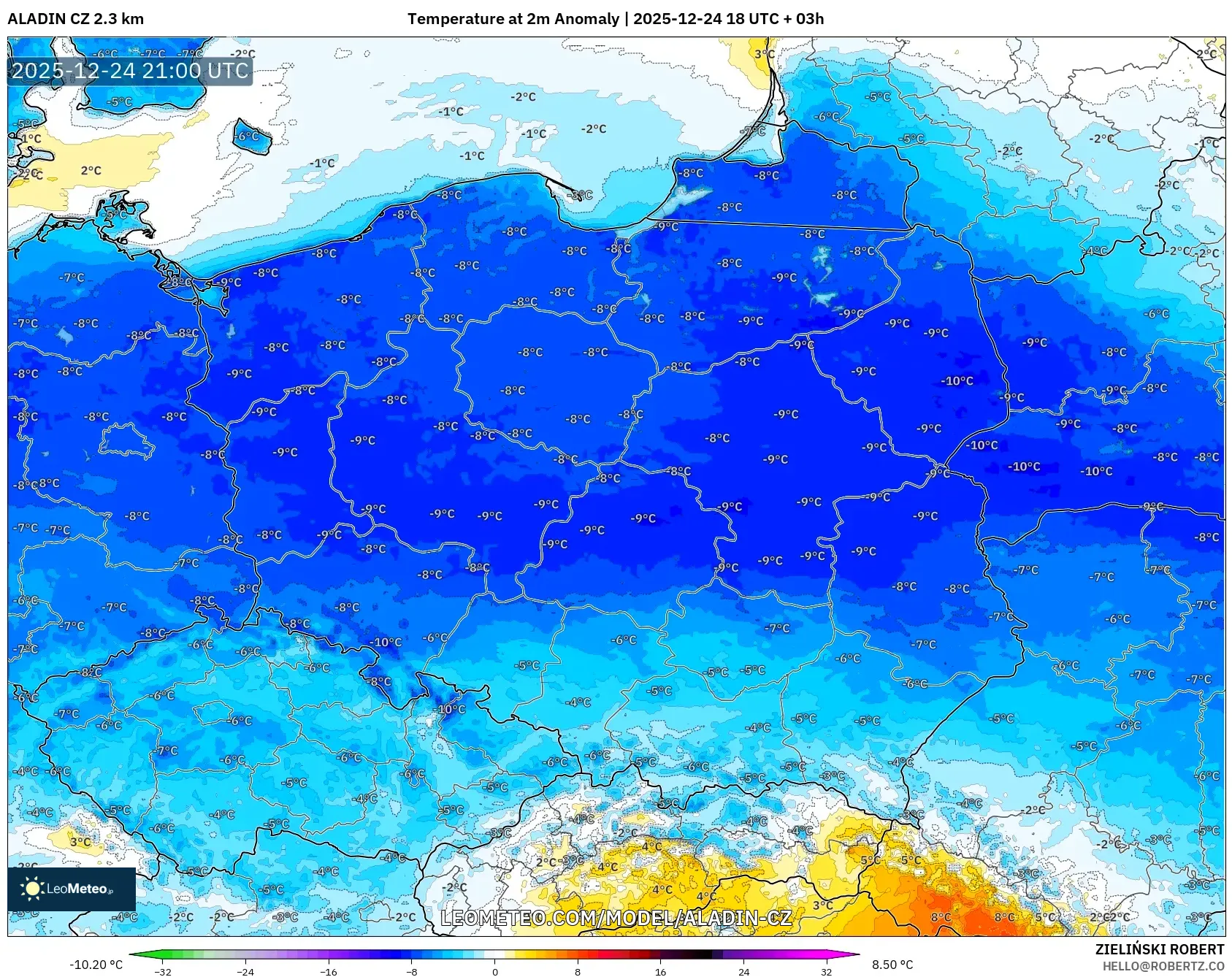 ALADIN CZ 2.3 km model - Poland, Temperature at 2m Anomaly