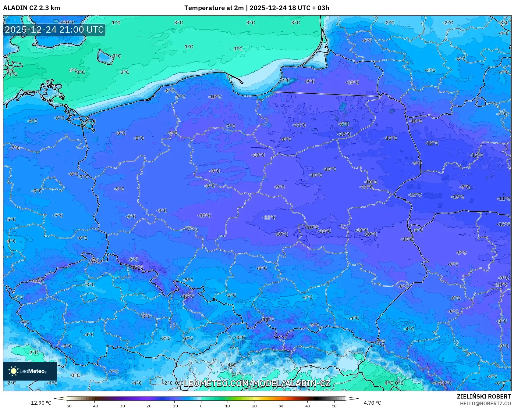 ALADIN CZ 2.3 km model - Poland, Temperature at 2m
