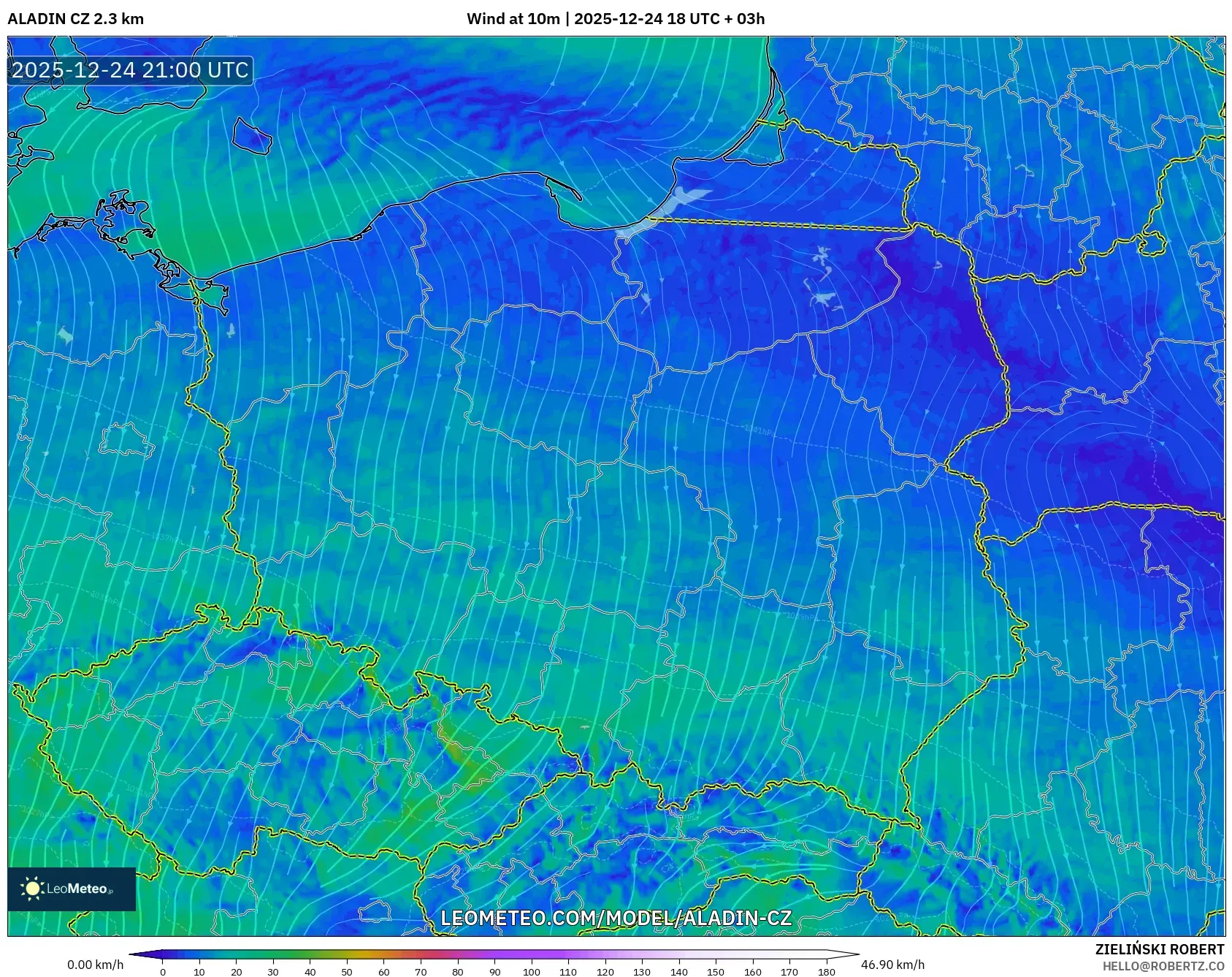 ALADIN CZ 2.3 km model - Poland, Wind at 10m