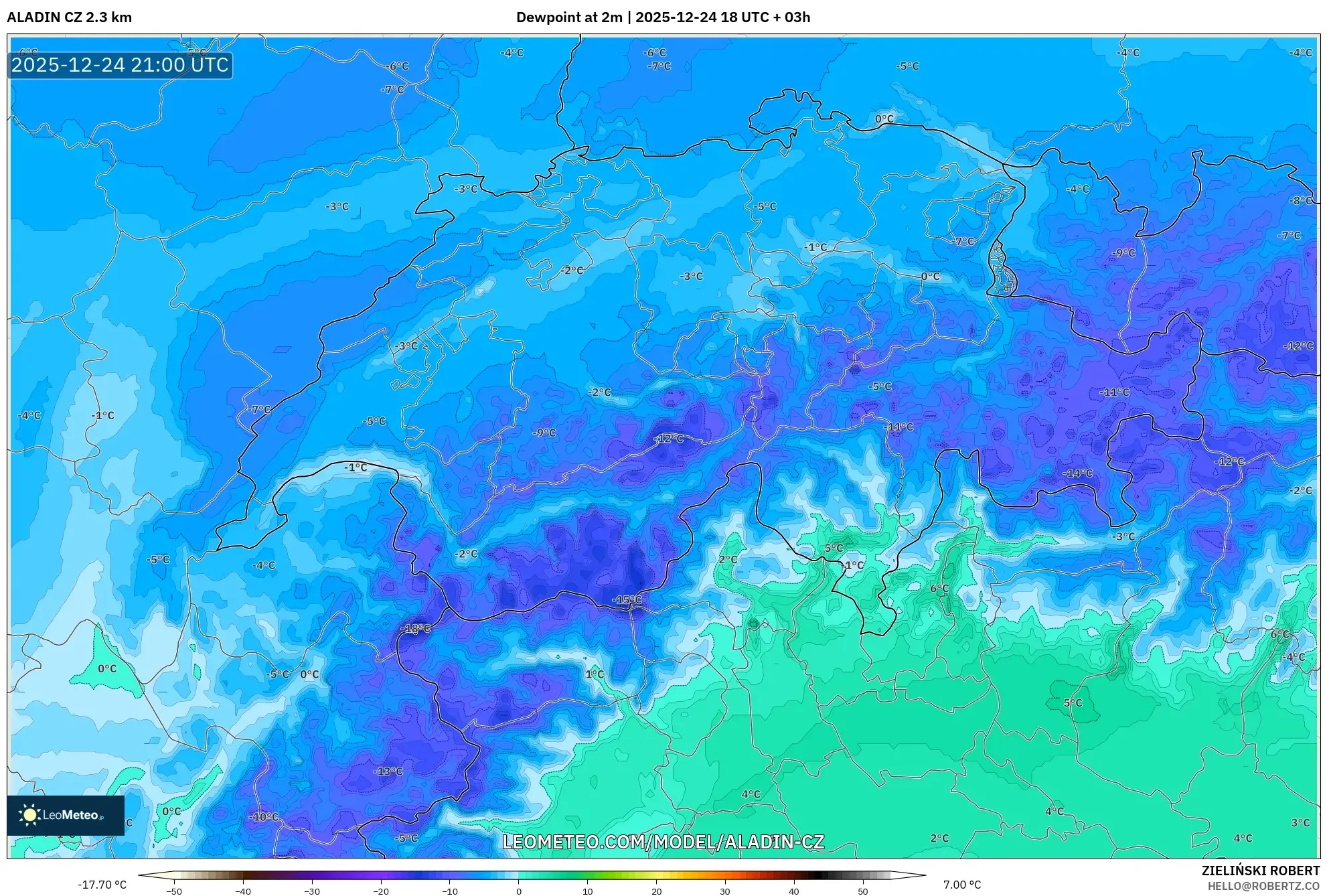 ALADIN CZ 2.3 km model - Switzerland, Dewpoint at 2m