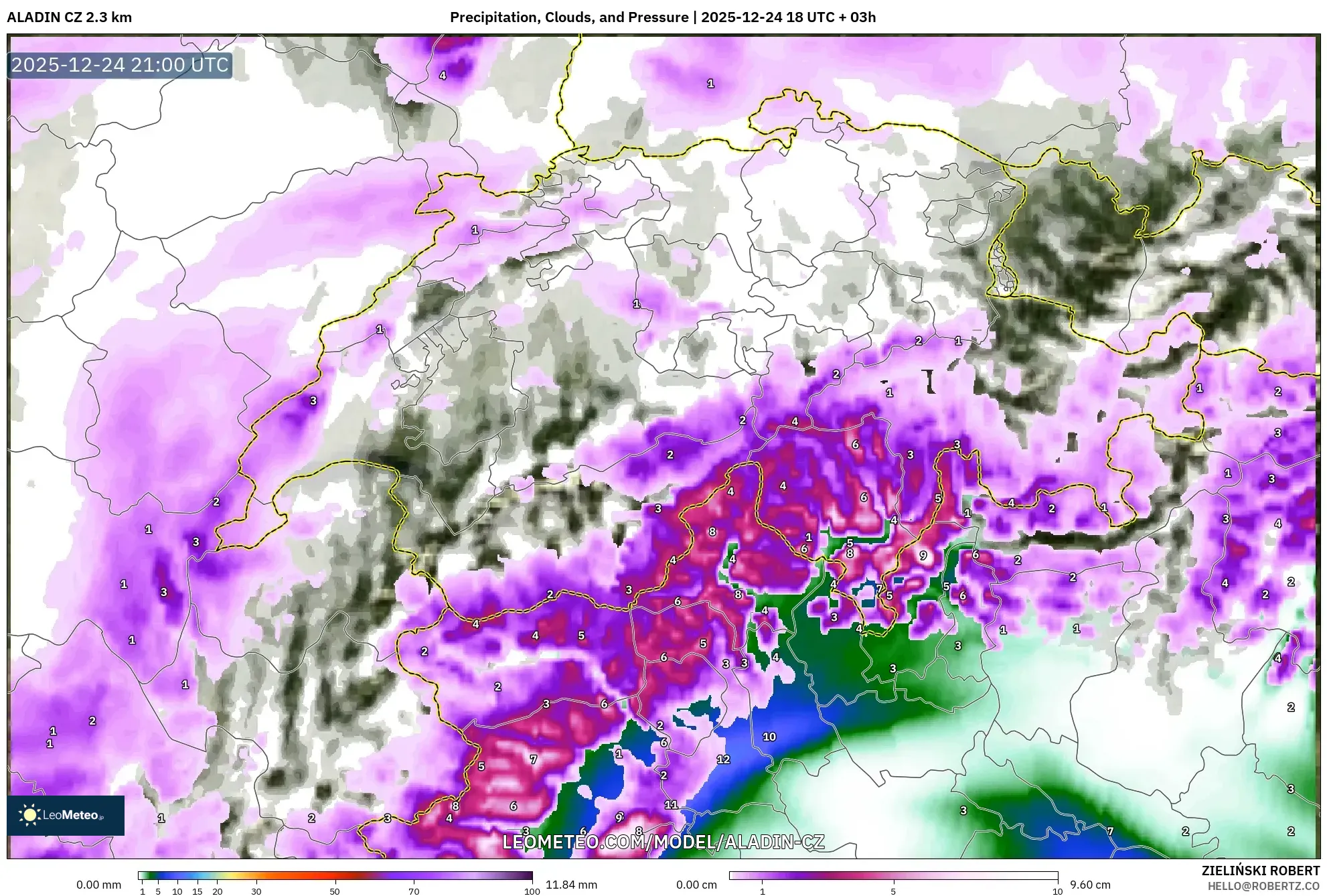 ALADIN CZ 2.3 km model - Switzerland, Precipitation, Clouds, and Pressure