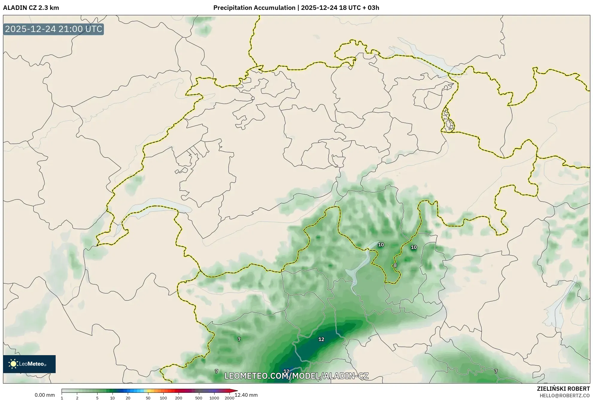 ALADIN CZ 2.3 km model - Switzerland, Precipitation Accumulation