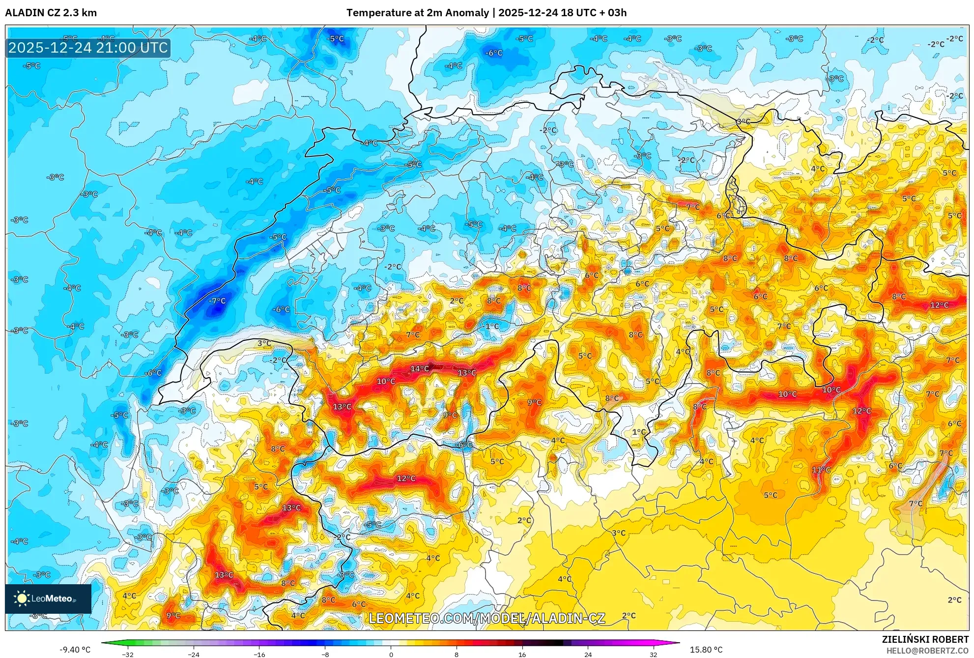 ALADIN CZ 2.3 km model - Switzerland, Temperature at 2m Anomaly