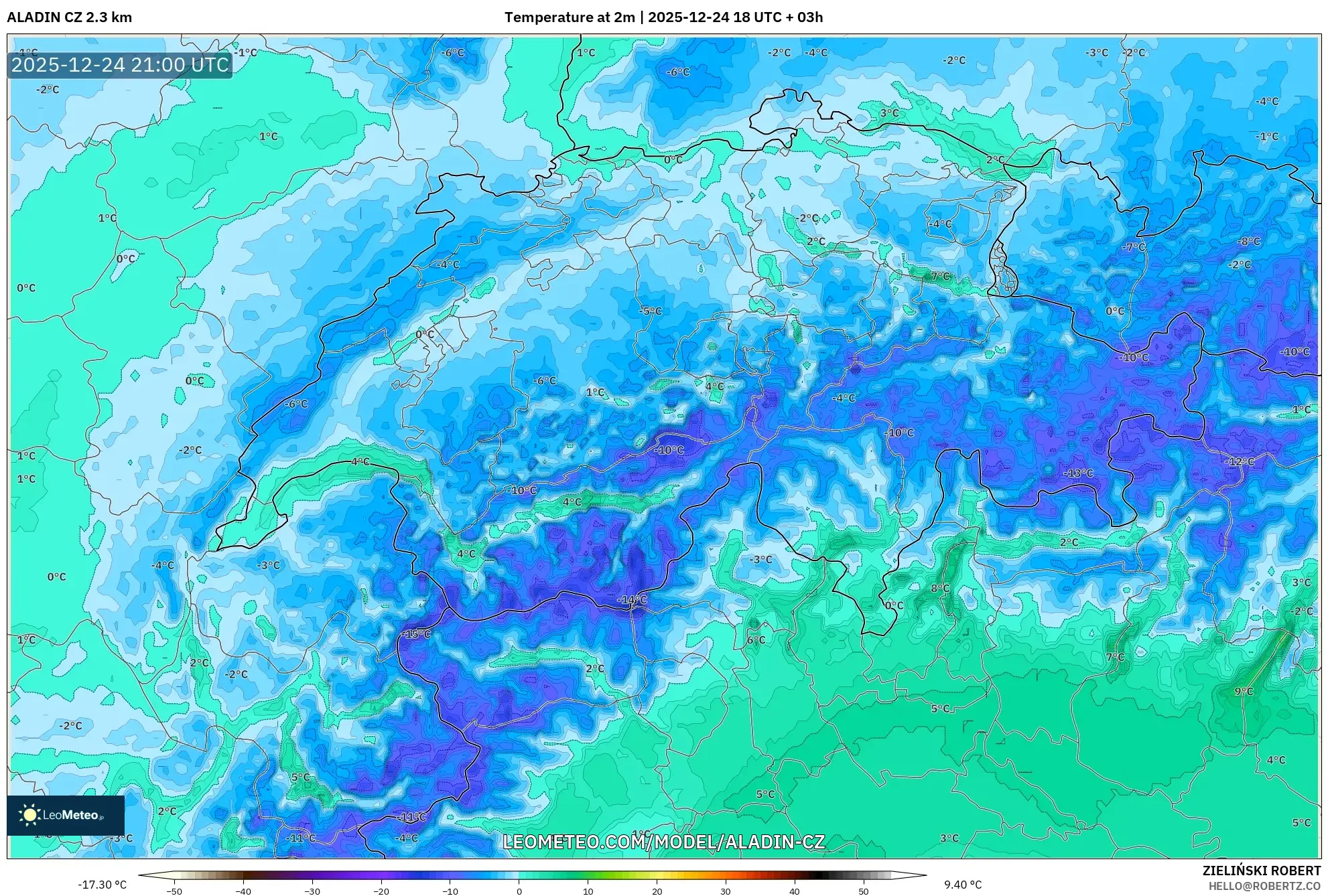 ALADIN CZ 2.3 km model - Switzerland, Temperature at 2m