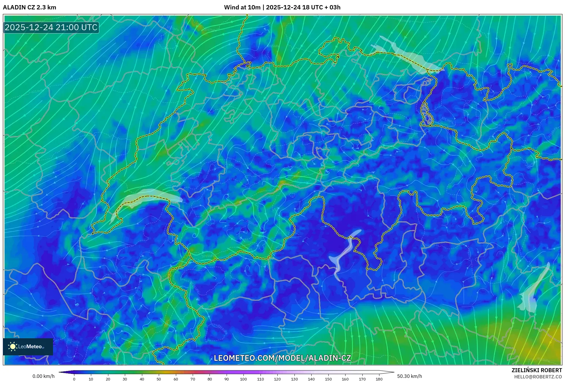 ALADIN CZ 2.3 km model - Switzerland, Wind at 10m
