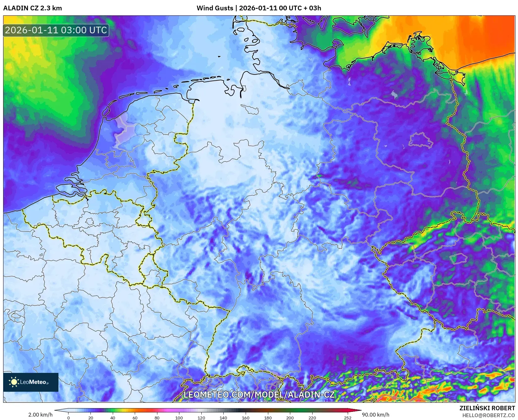 ALADIN CZ 2.3 km model - Germany, Wind Gusts