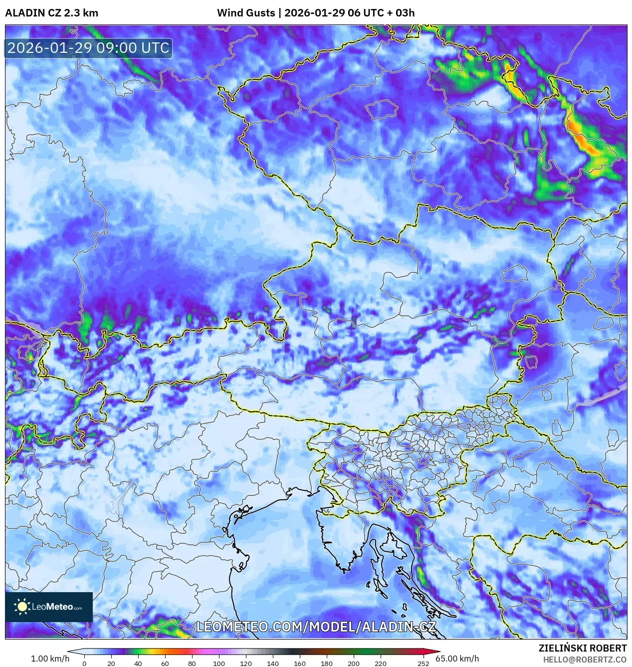 ALADIN CZ 2.3 km model - Austria, Wind Gusts