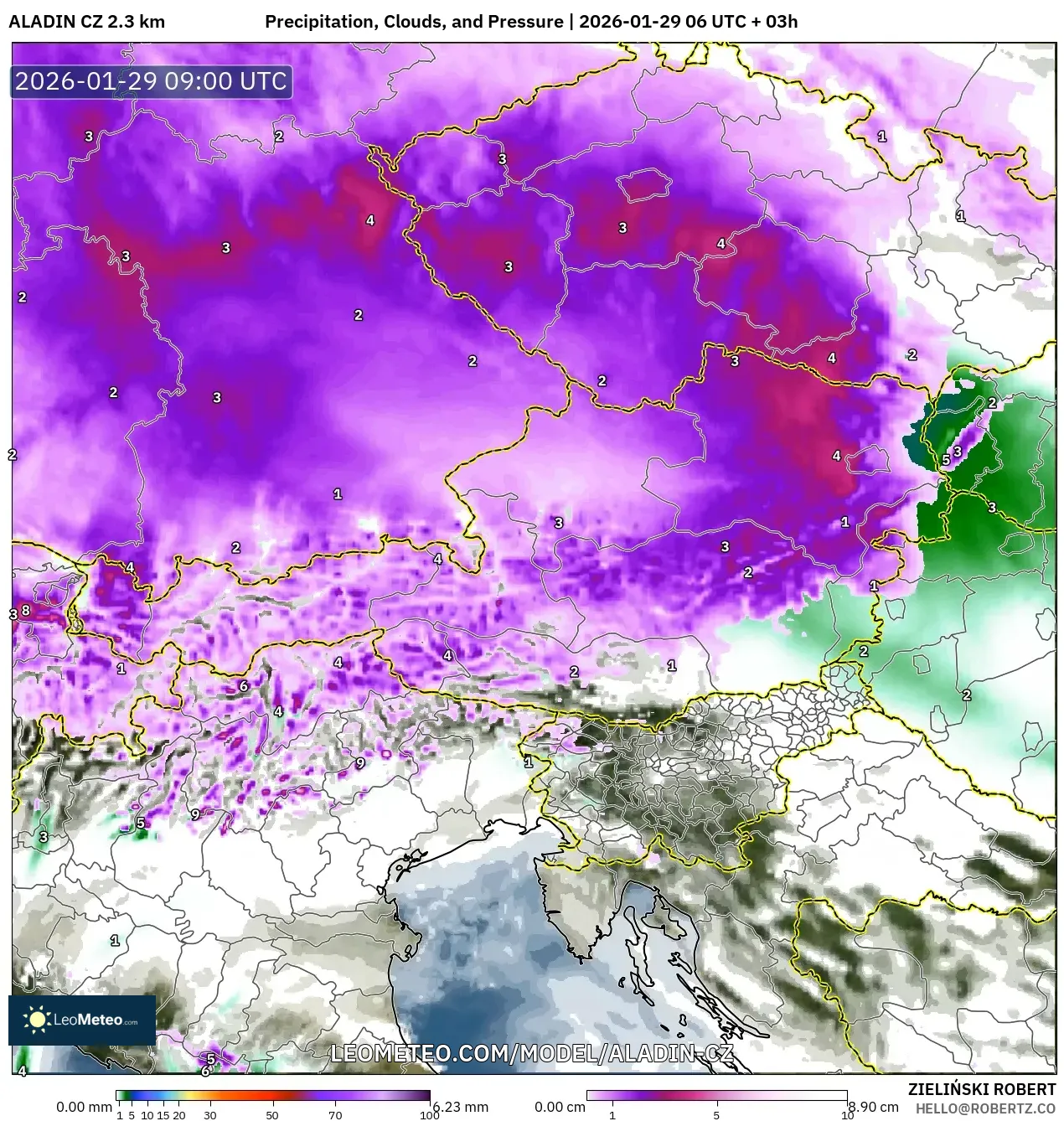 ALADIN CZ 2.3 km model - Austria, Precipitation, Clouds, and Pressure