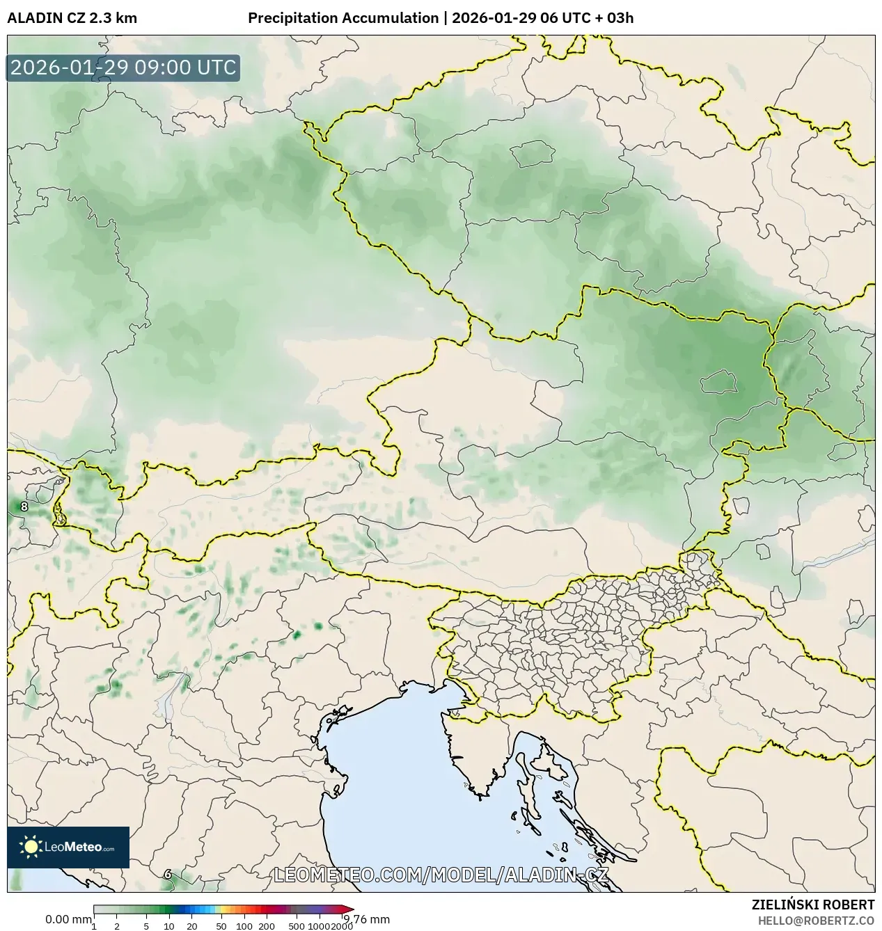 ALADIN CZ 2.3 km model - Austria, Precipitation Accumulation