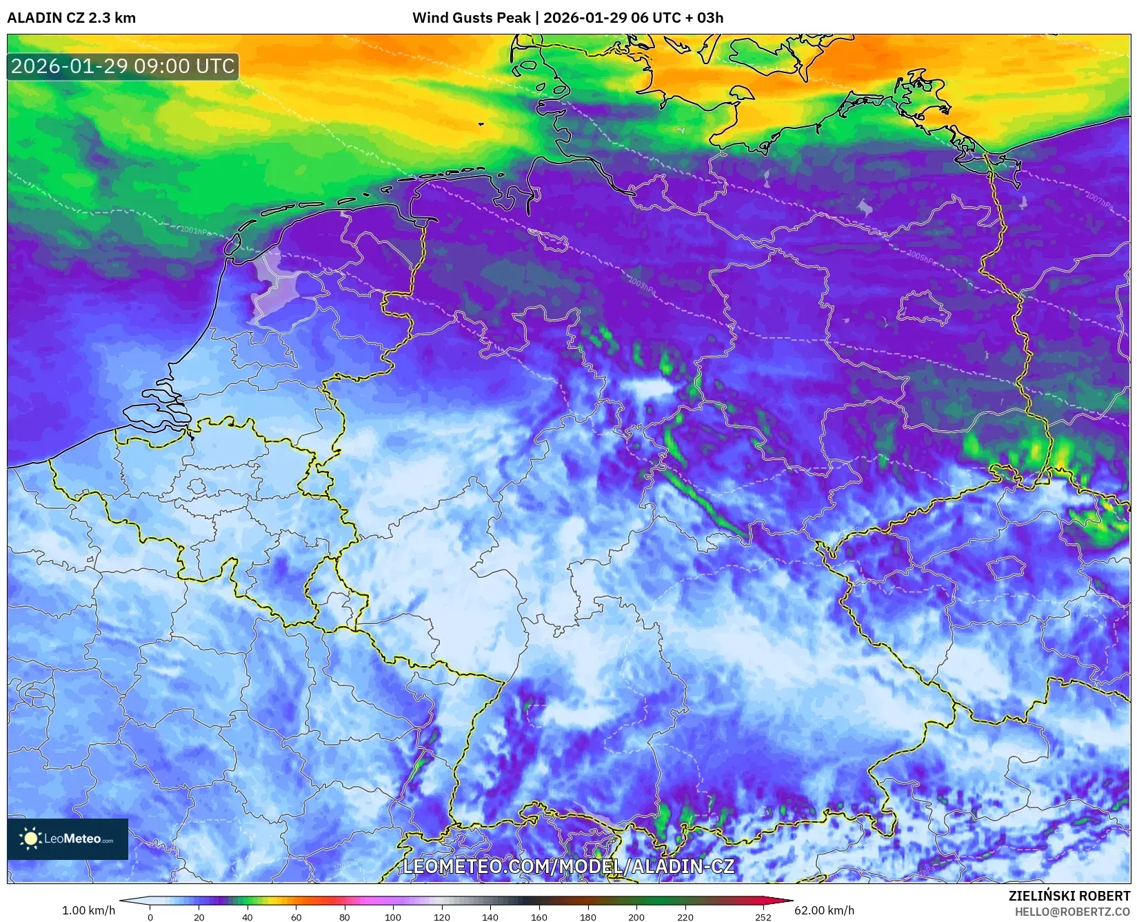 ALADIN CZ 2.3 km model - Germany, Wind Gusts Peak