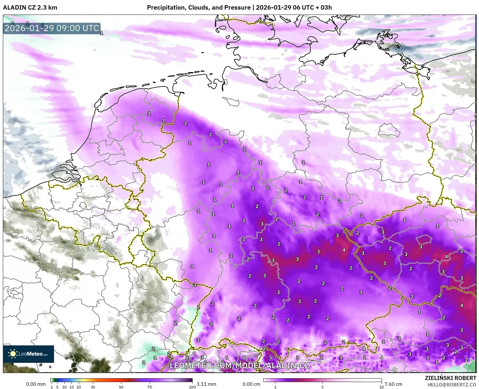 ALADIN CZ 2.3 km model - Germany, Precipitation, Clouds, and Pressure