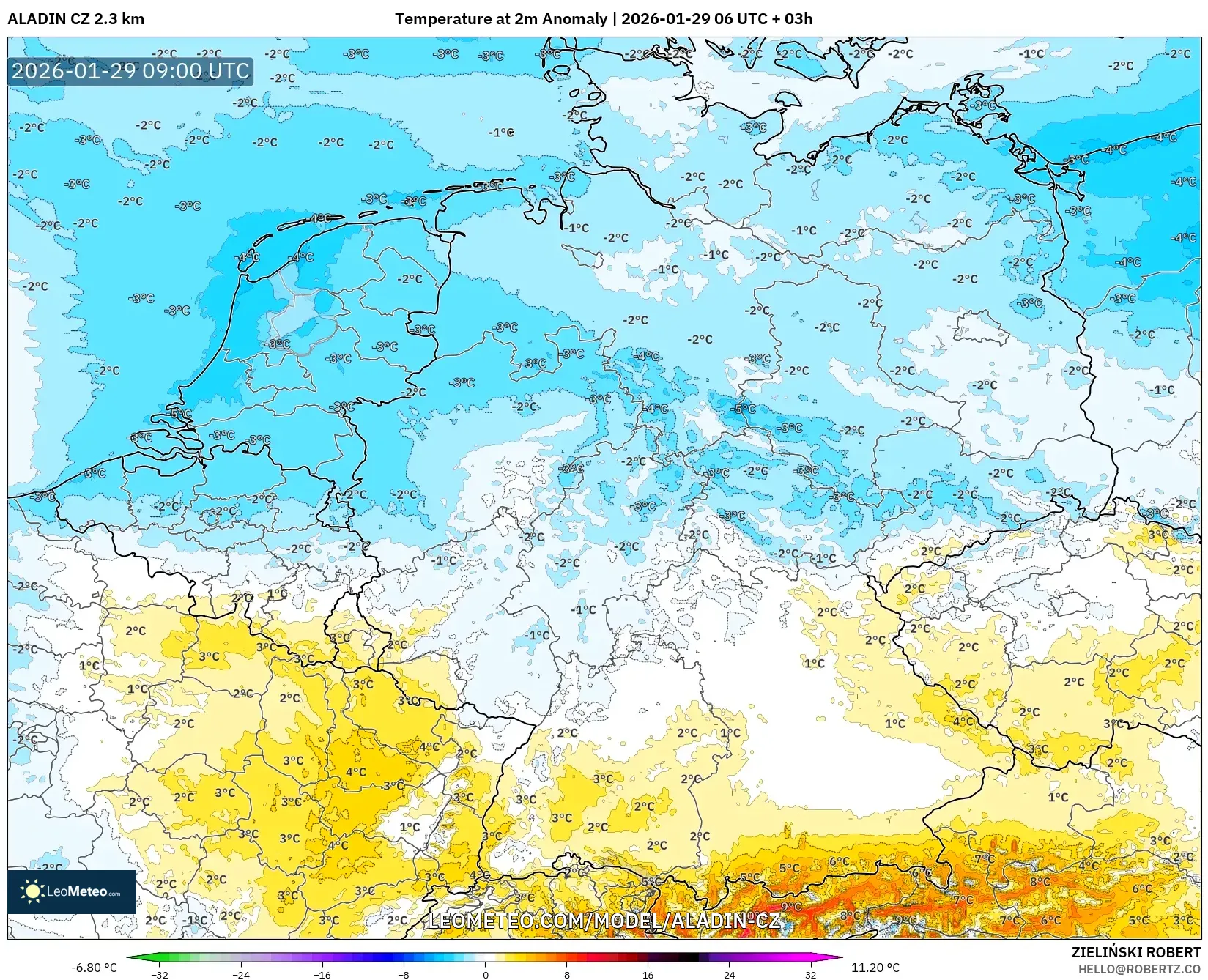 ALADIN CZ 2.3 km model - Germany, Temperature at 2m Anomaly