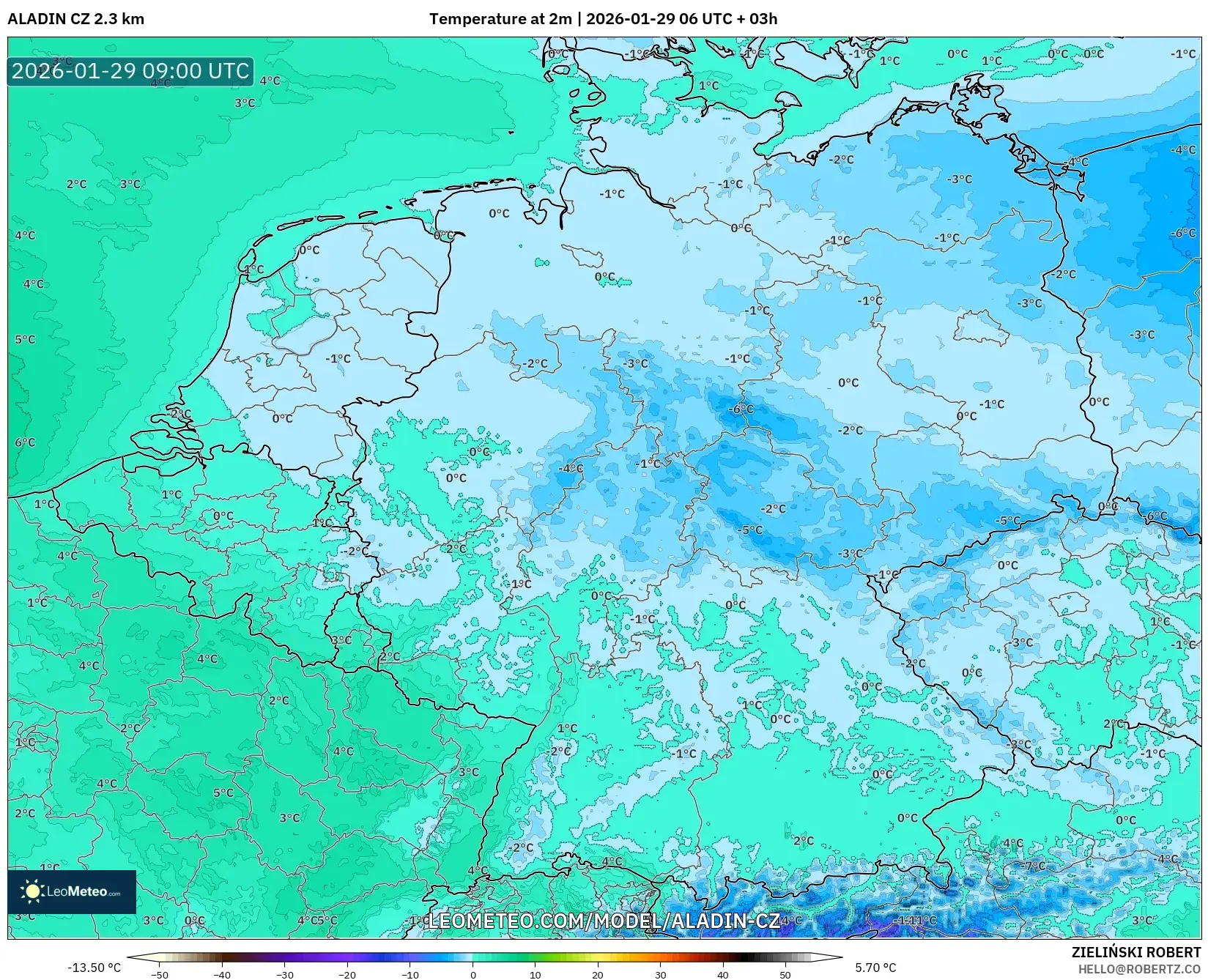 ALADIN CZ 2.3 km model - Germany, Temperature at 2m
