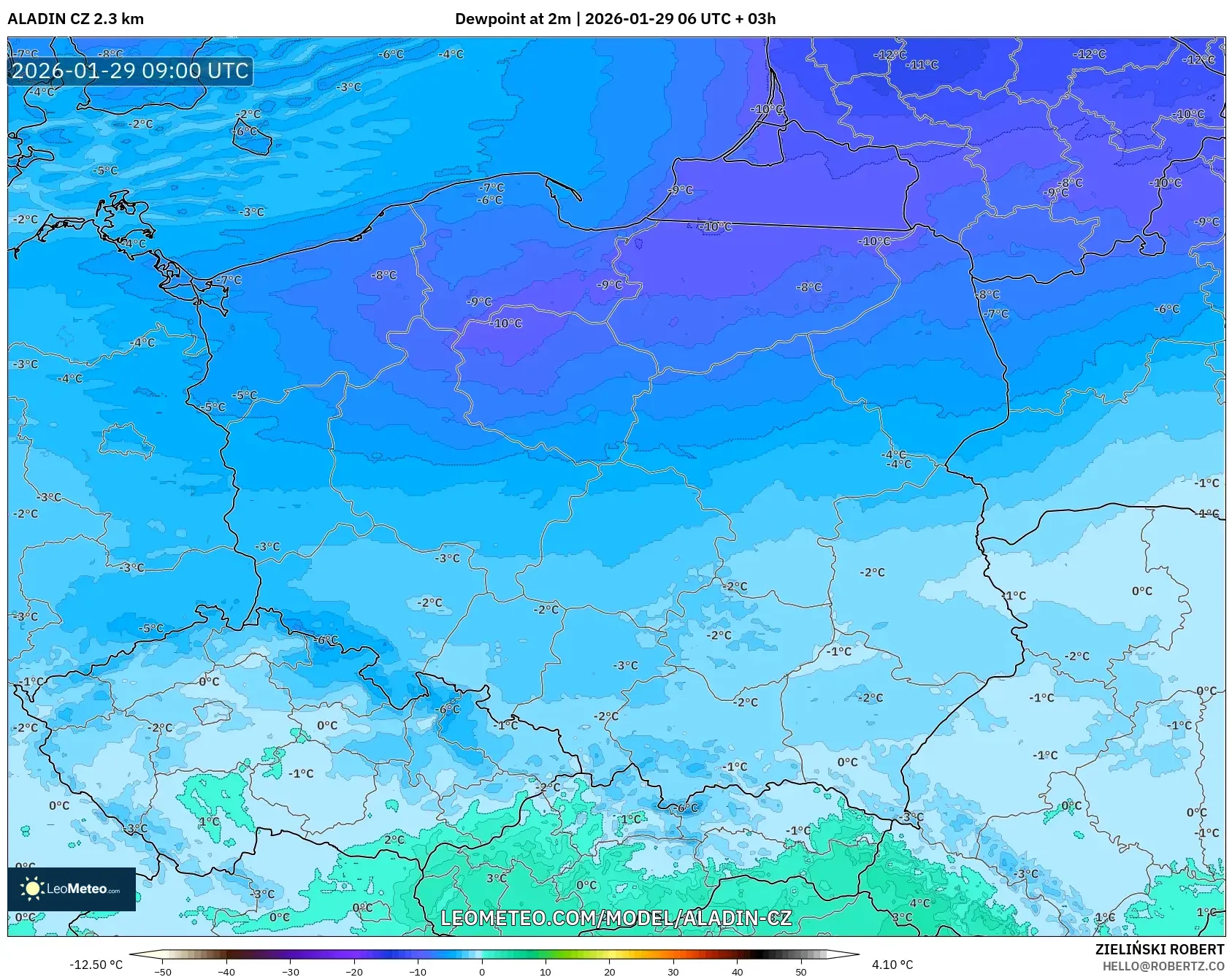 ALADIN CZ 2.3 km model - Poland, Dewpoint at 2m