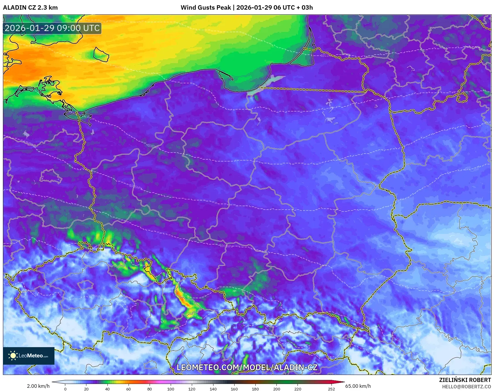 ALADIN CZ 2.3 km model - Poland, Wind Gusts Peak