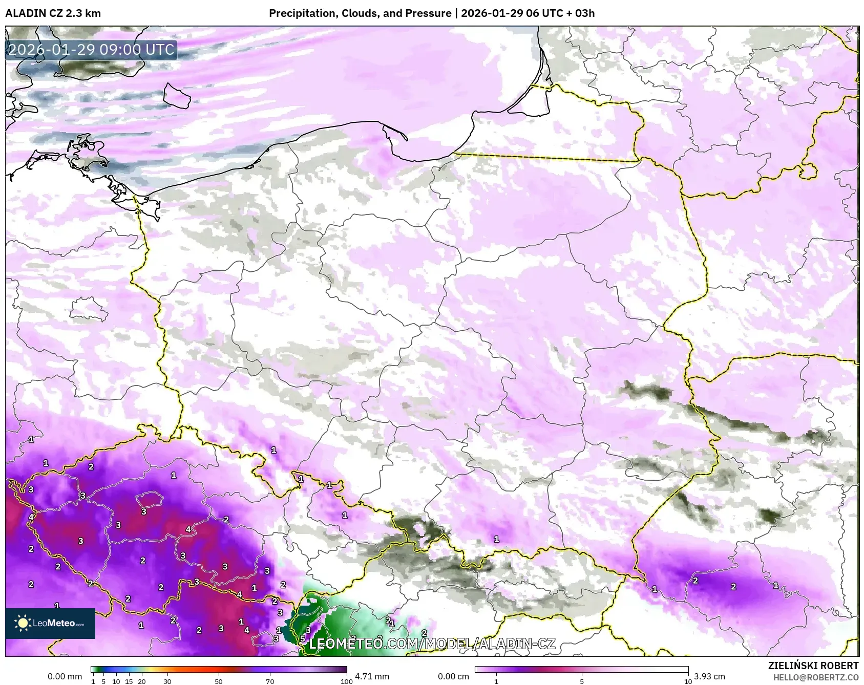 ALADIN CZ 2.3 km model - Poland, Precipitation, Clouds, and Pressure