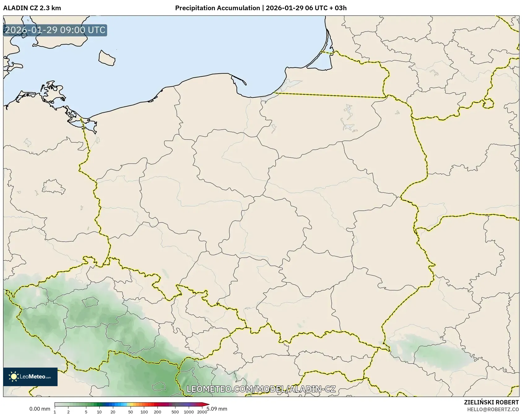 ALADIN CZ 2.3 km model - Poland, Precipitation Accumulation