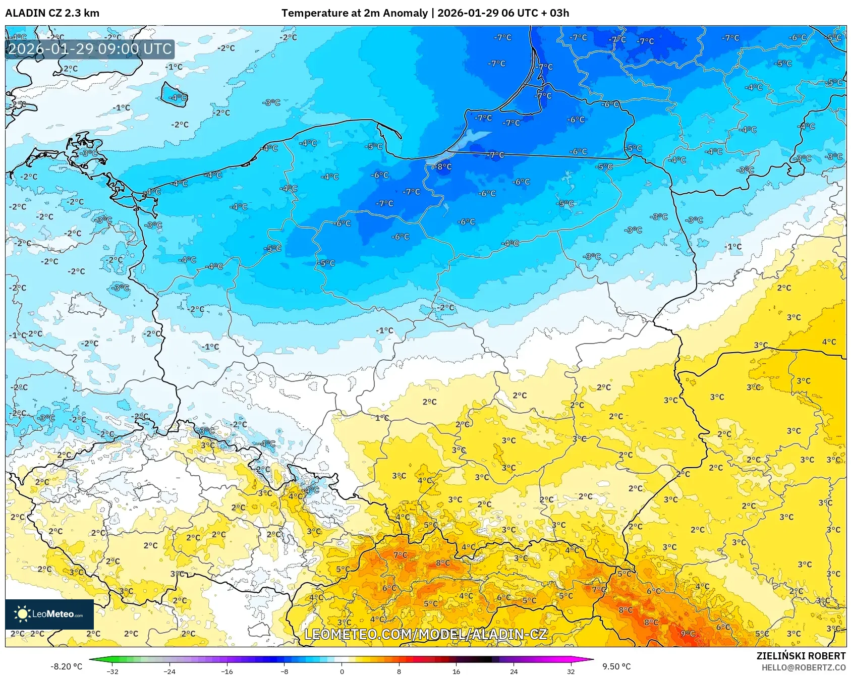 ALADIN CZ 2.3 km model - Poland, Temperature at 2m Anomaly