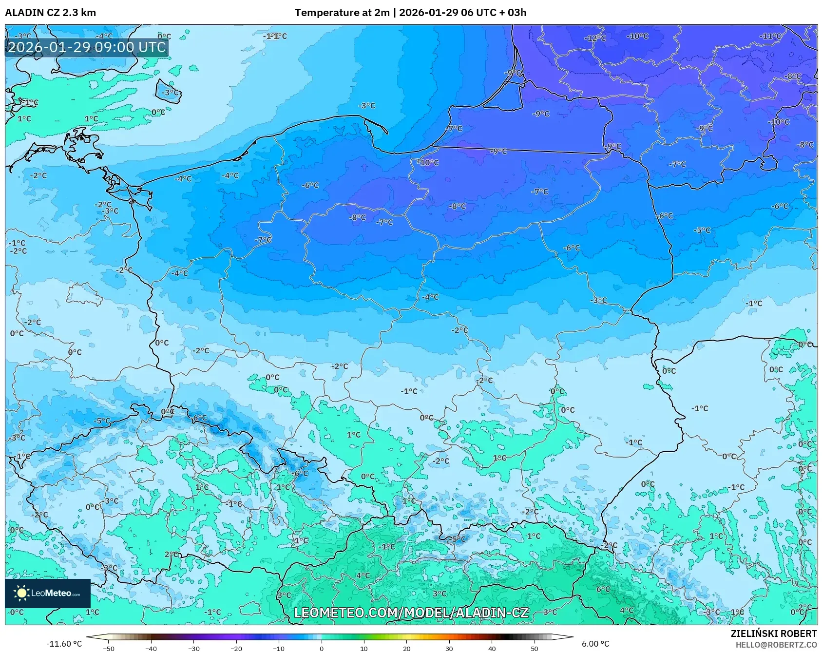 ALADIN CZ 2.3 km model - Poland, Temperature at 2m