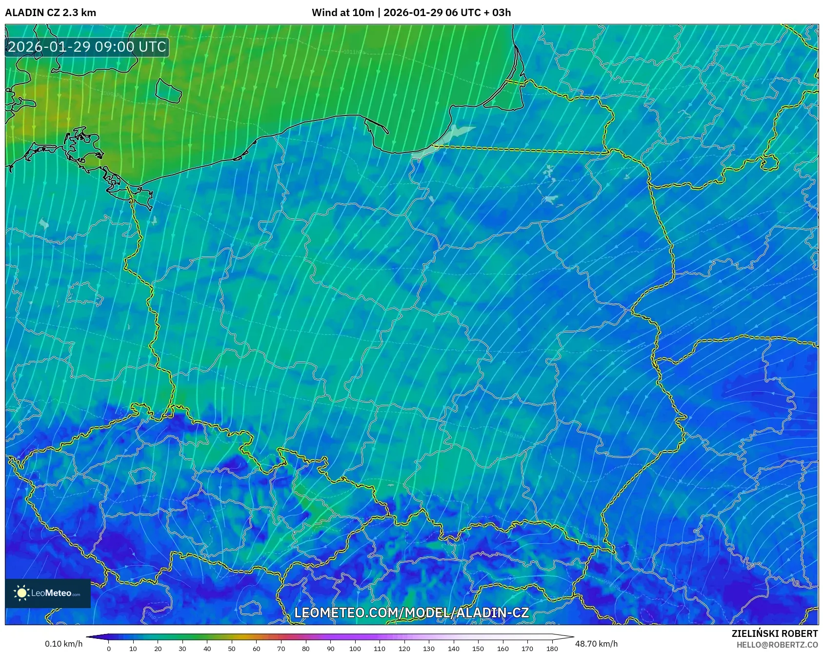ALADIN CZ 2.3 km model - Poland, Wind at 10m