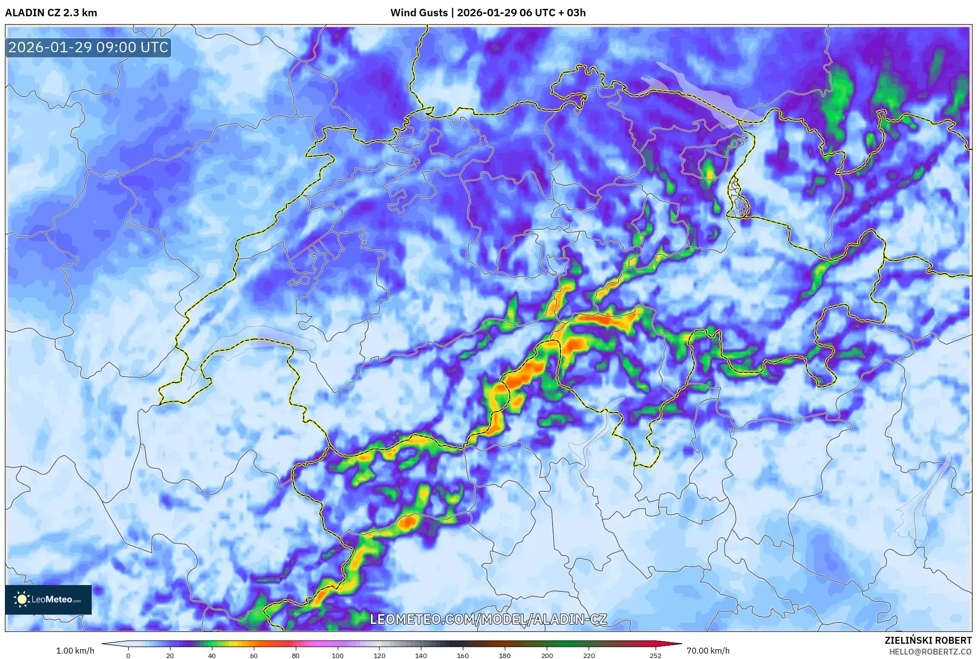ALADIN CZ 2.3 km model - Switzerland, Wind Gusts