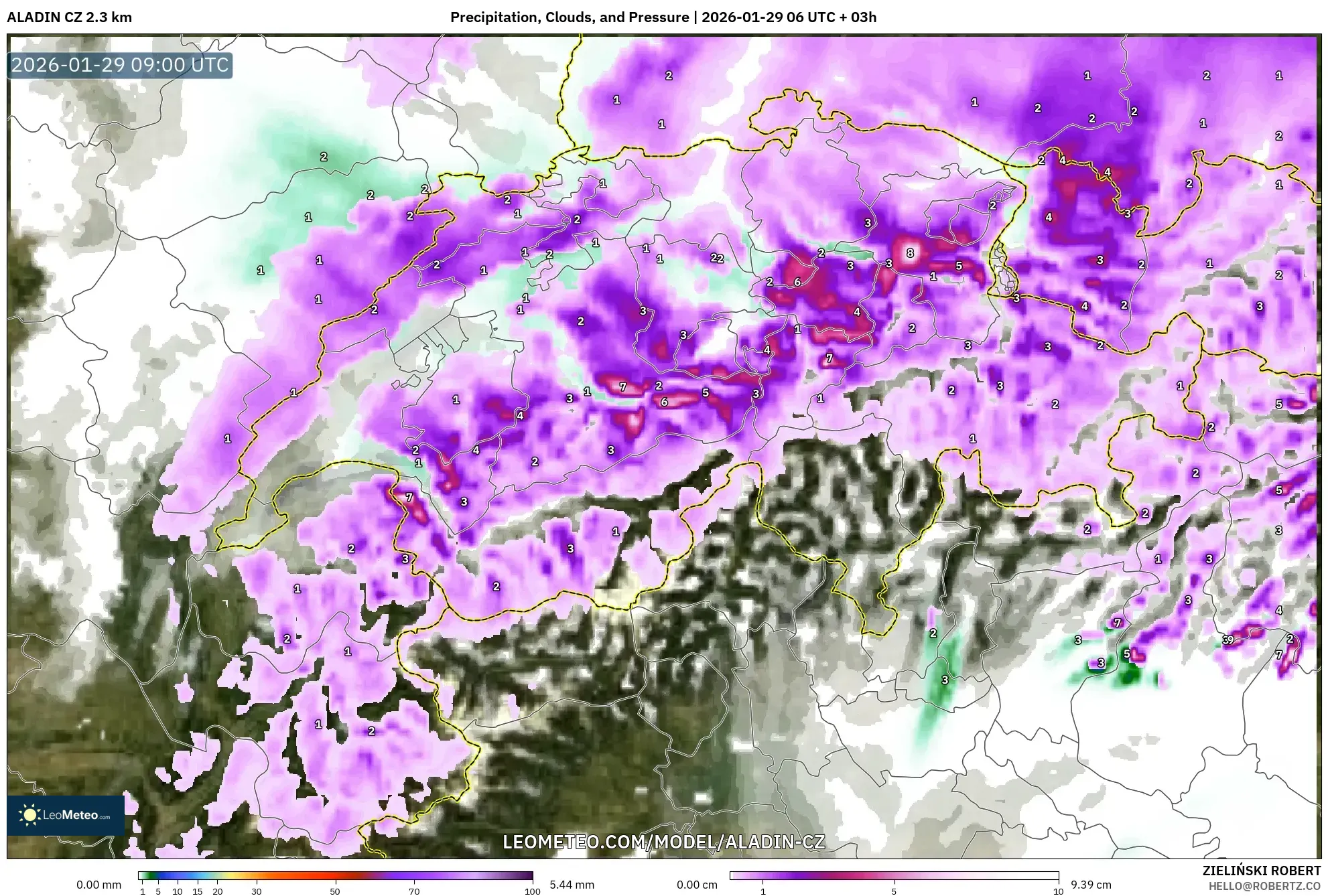 ALADIN CZ 2.3 km model - Switzerland, Precipitation, Clouds, and Pressure