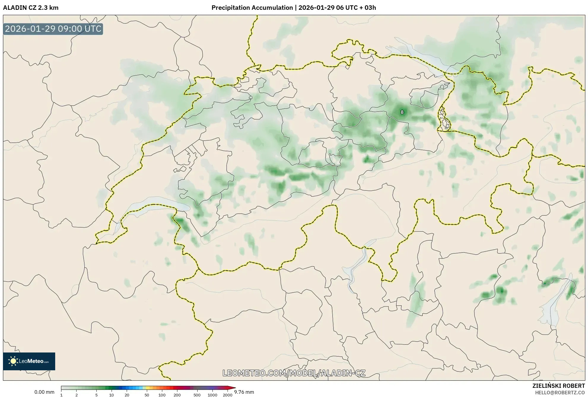 ALADIN CZ 2.3 km model - Switzerland, Precipitation Accumulation