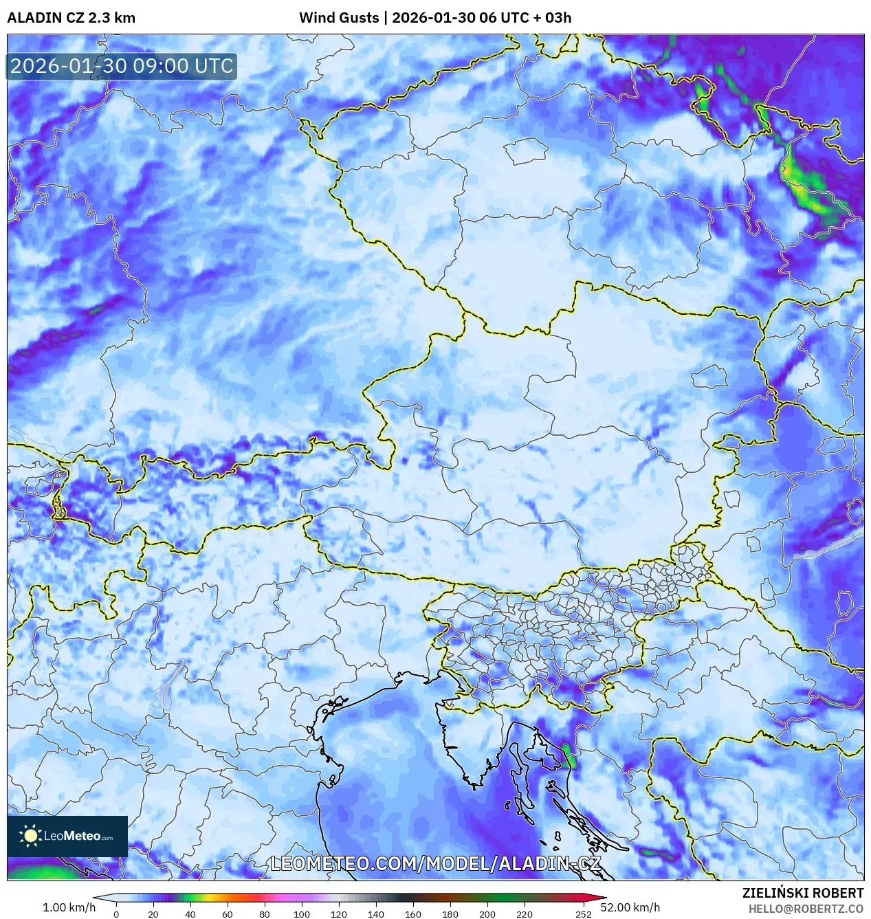 ALADIN CZ 2.3 km model - Austria, Wind Gusts