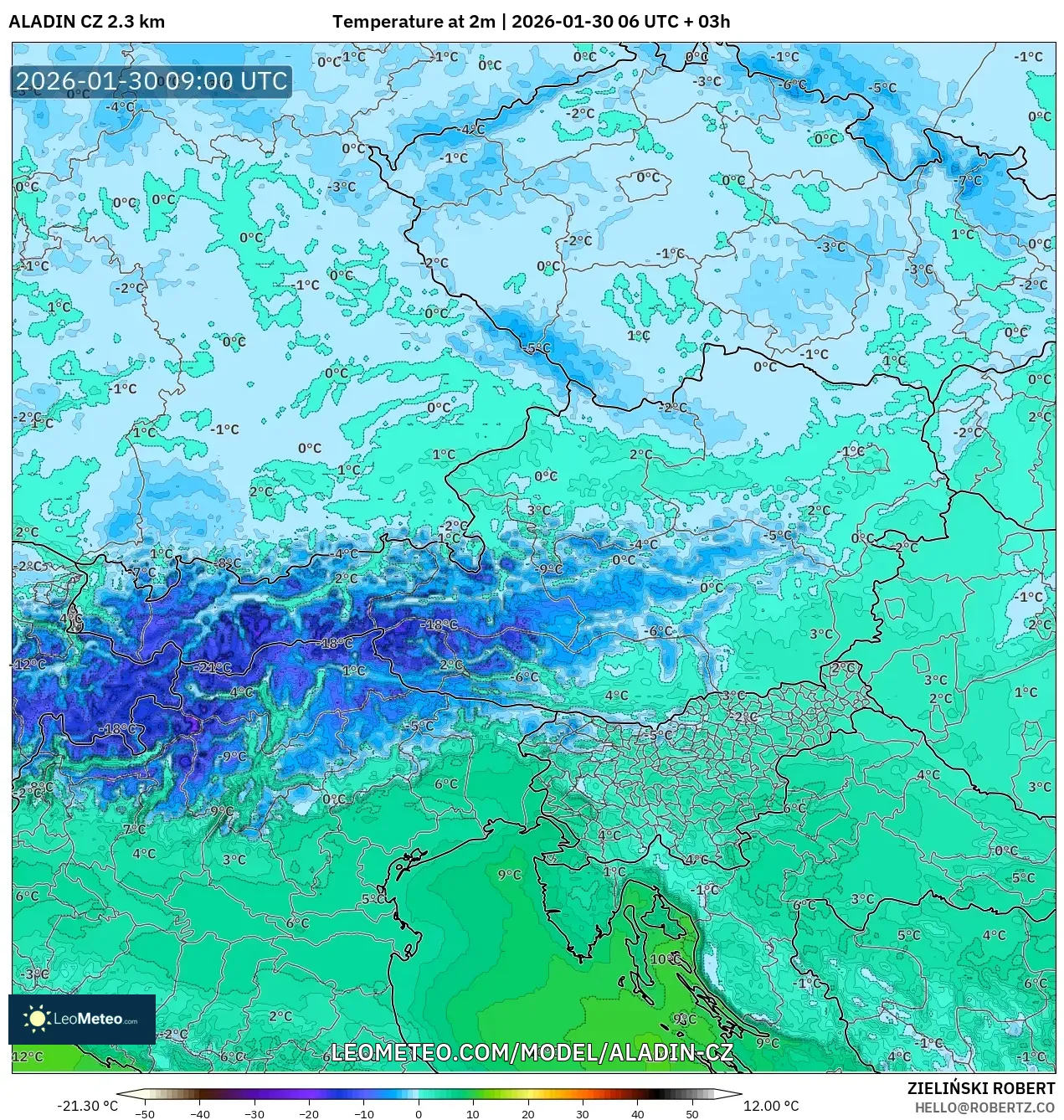 ALADIN CZ 2.3 km model - Austria, Temperature at 2m