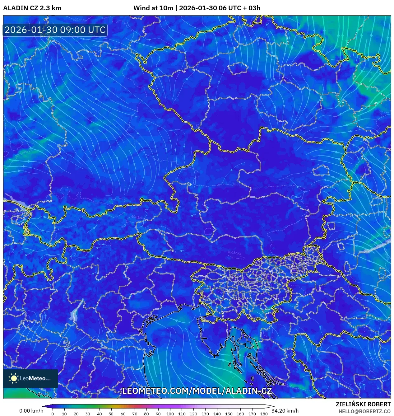 ALADIN CZ 2.3 km model - Austria, Wind at 10m