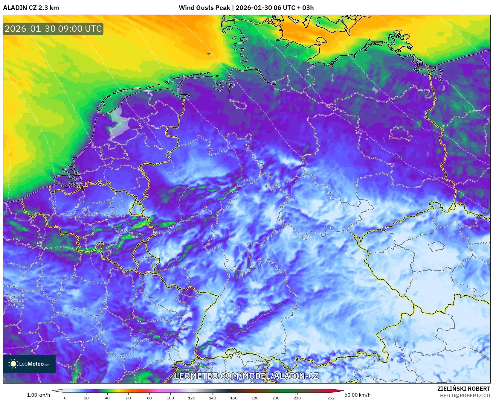 ALADIN CZ 2.3 km model - Germany, Wind Gusts Peak