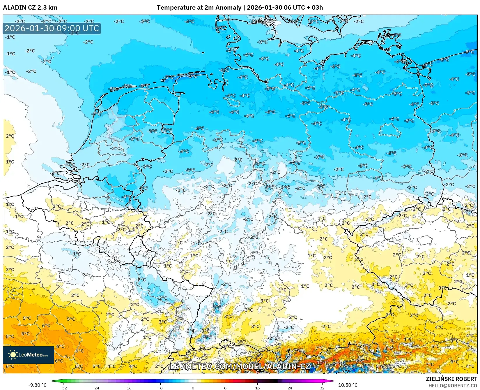 ALADIN CZ 2.3 km model - Germany, Temperature at 2m Anomaly