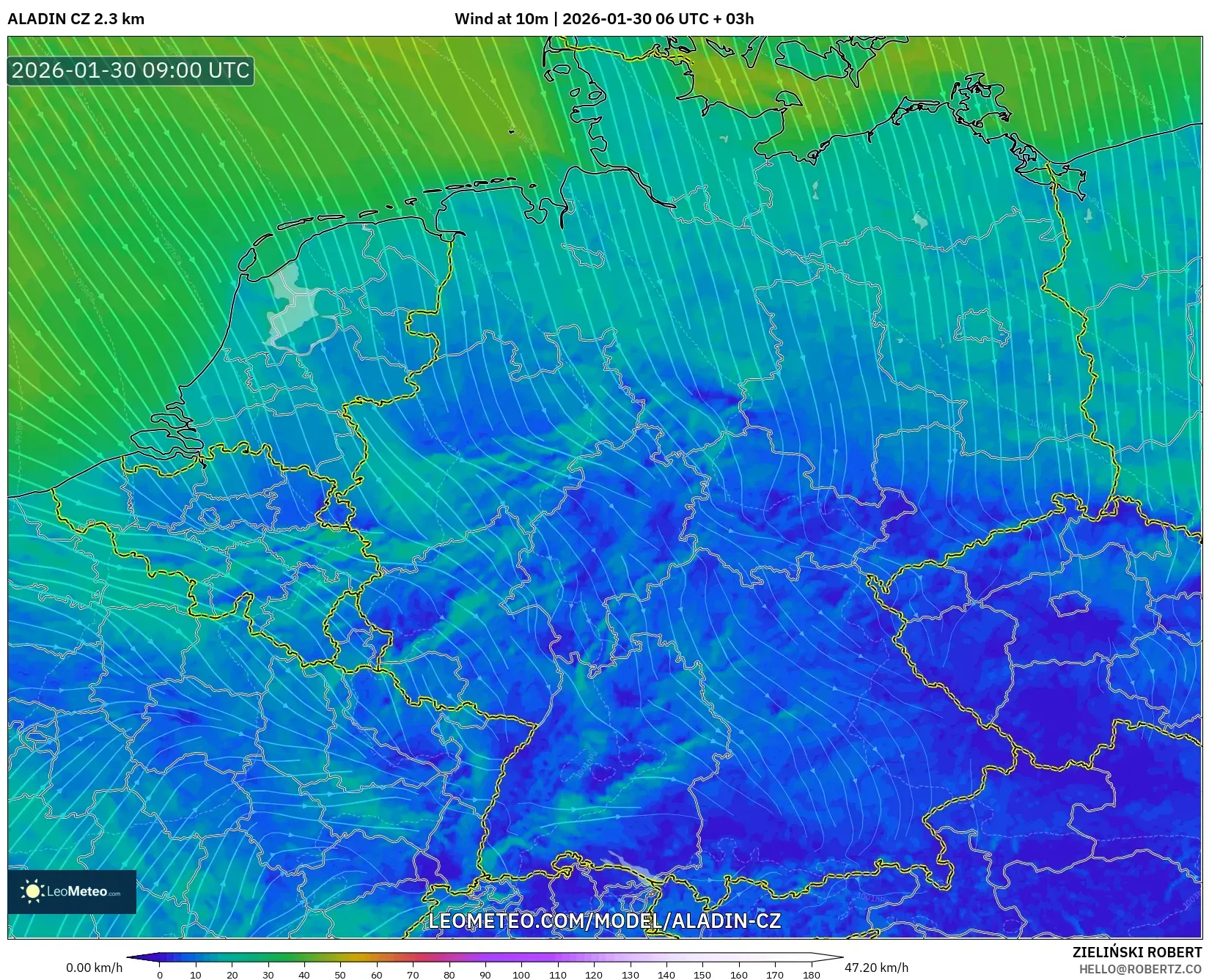 ALADIN CZ 2.3 km model - Germany, Wind at 10m
