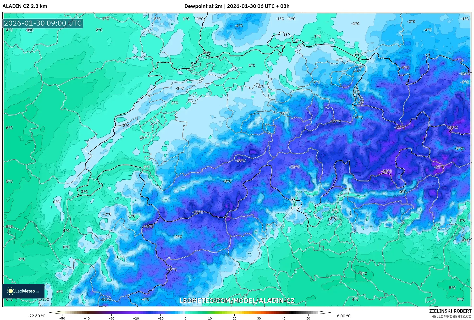 ALADIN CZ 2.3 km model - Switzerland, Dewpoint at 2m