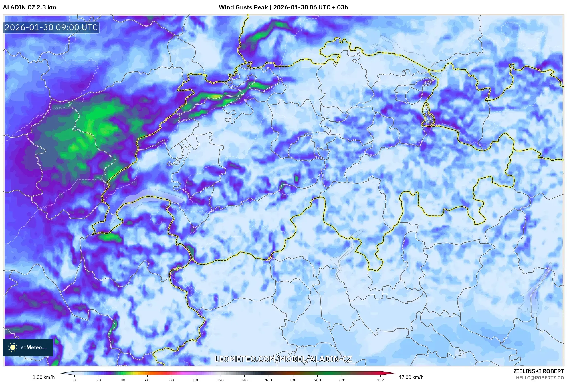 ALADIN CZ 2.3 km model - Switzerland, Wind Gusts Peak