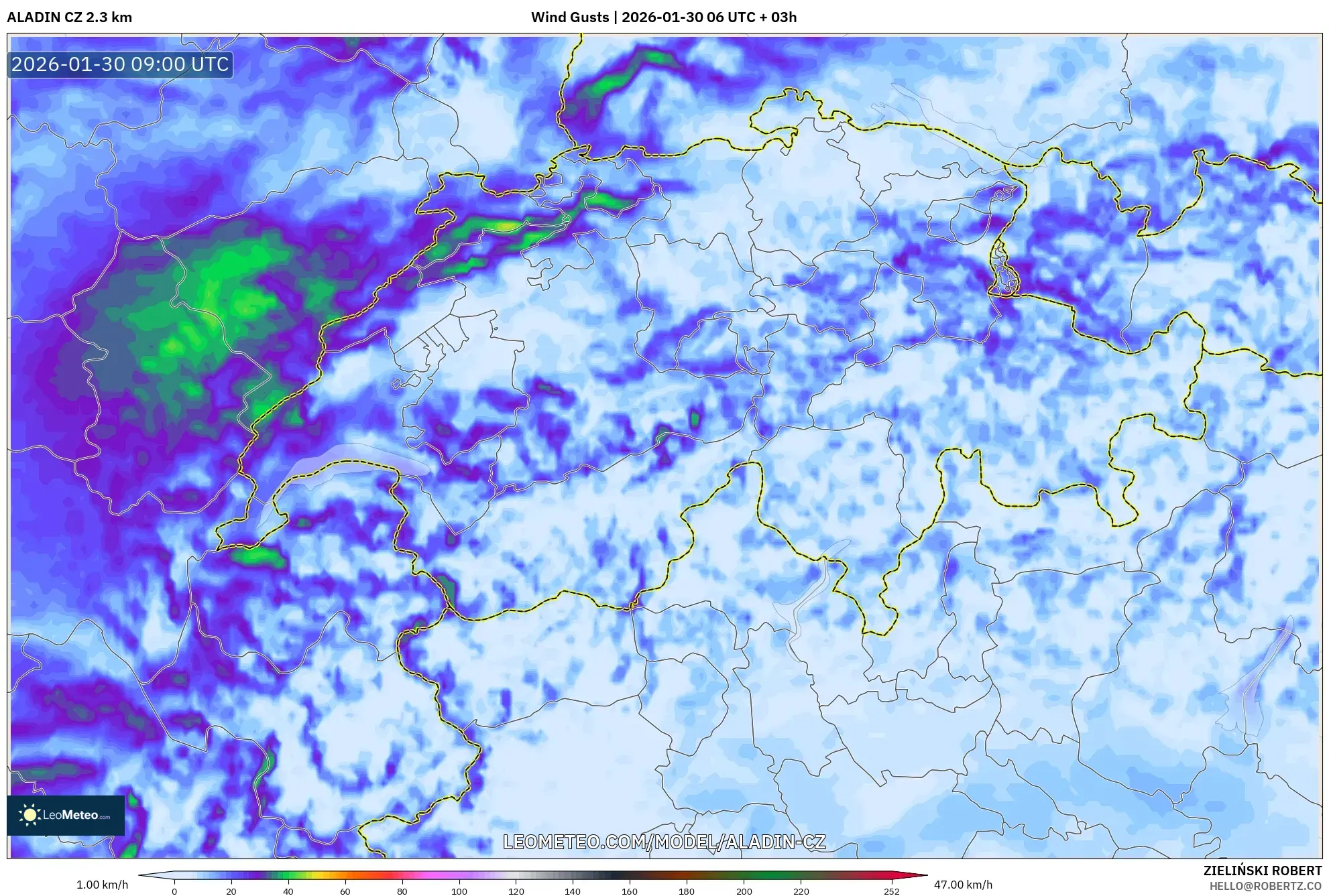 ALADIN CZ 2.3 km model - Switzerland, Wind Gusts