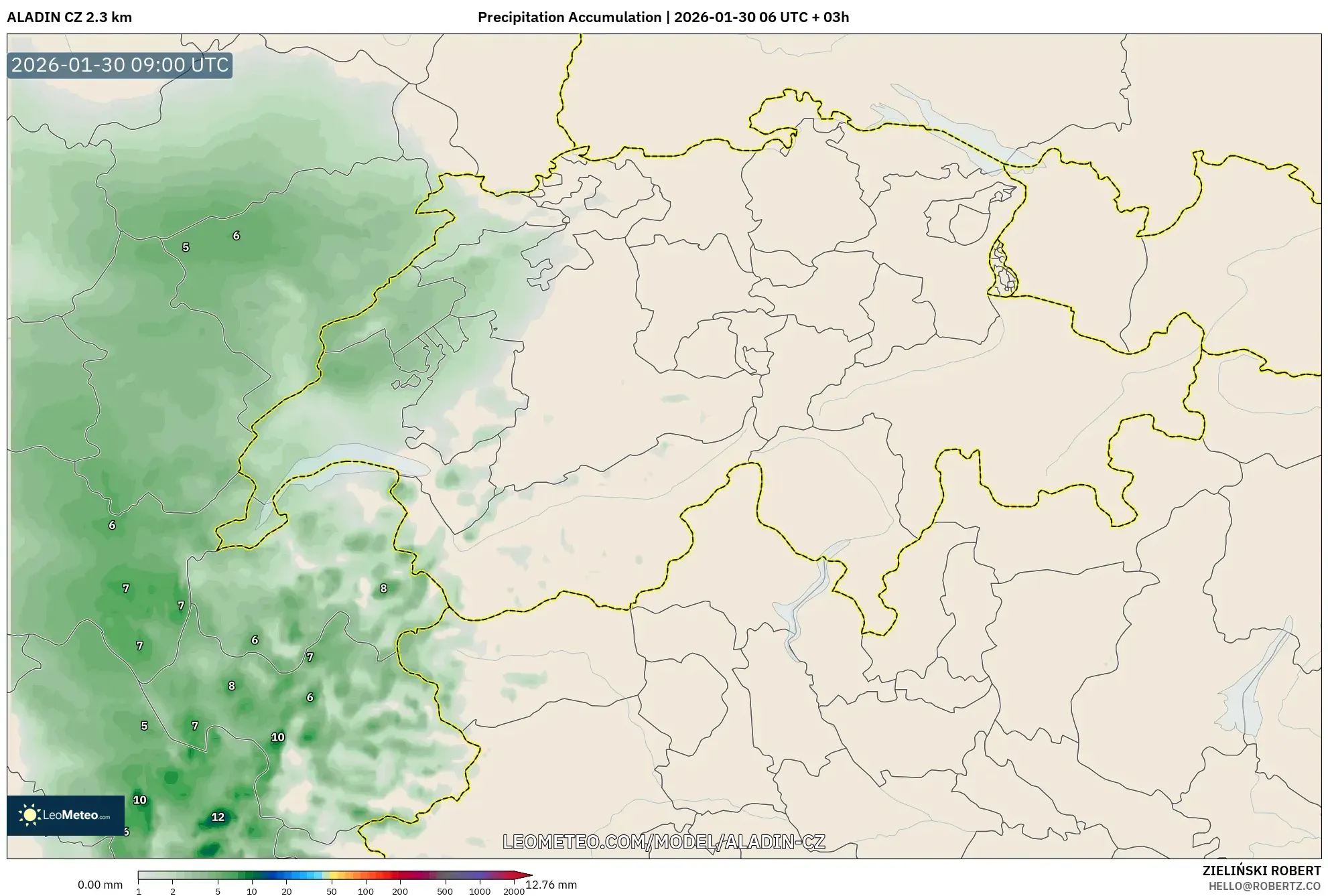 ALADIN CZ 2.3 km model - Switzerland, Precipitation Accumulation