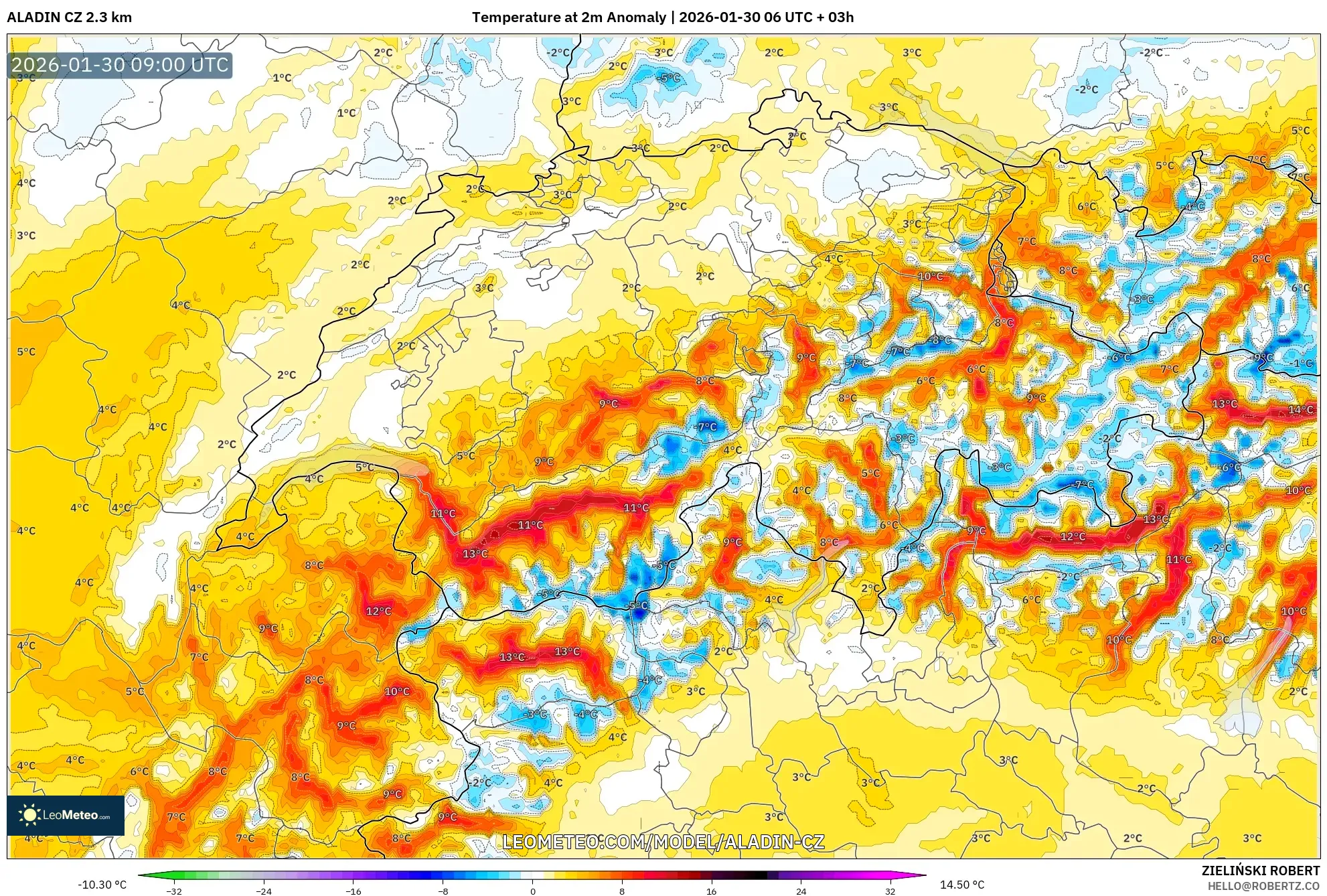 ALADIN CZ 2.3 km model - Switzerland, Temperature at 2m Anomaly