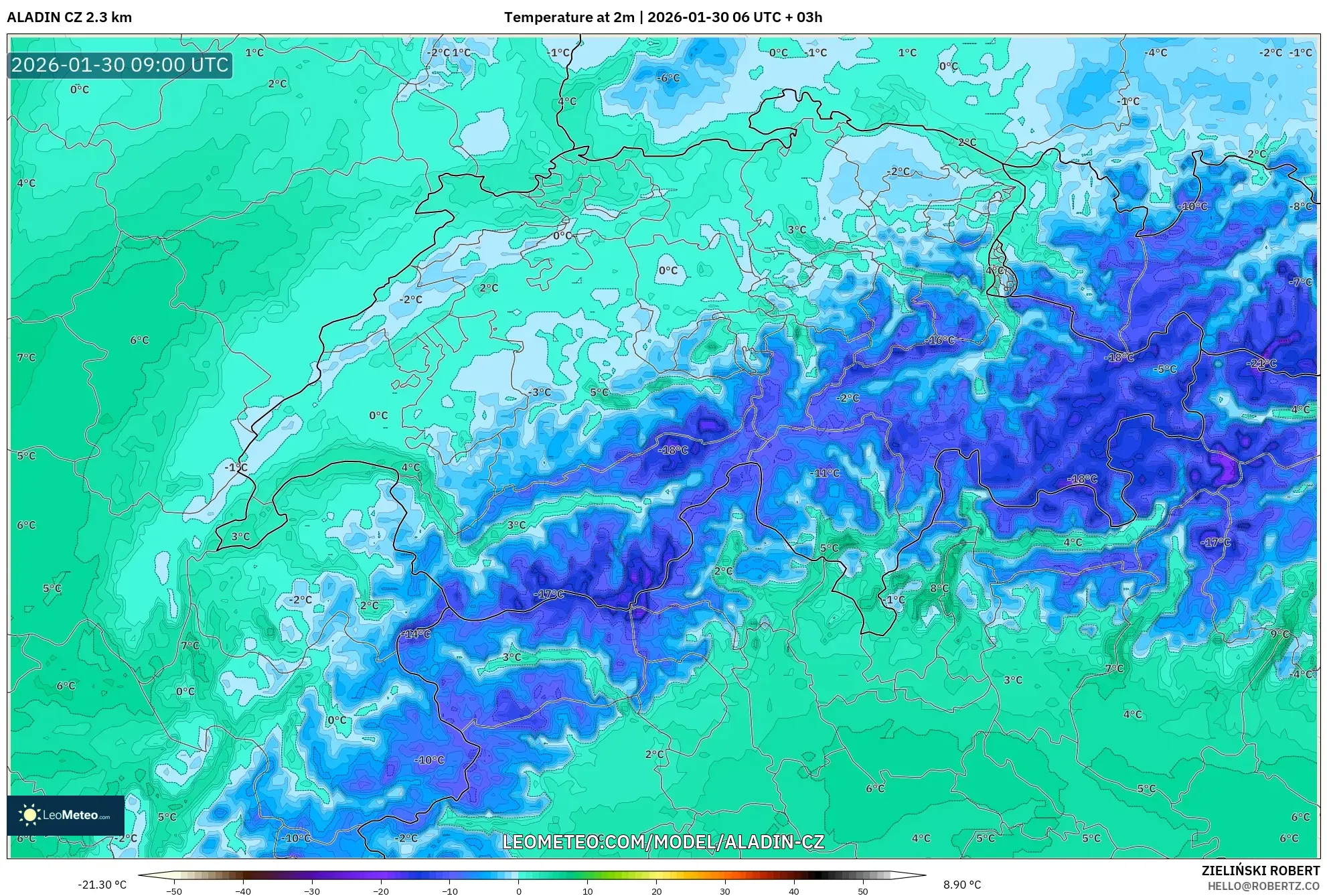 ALADIN CZ 2.3 km model - Switzerland, Temperature at 2m