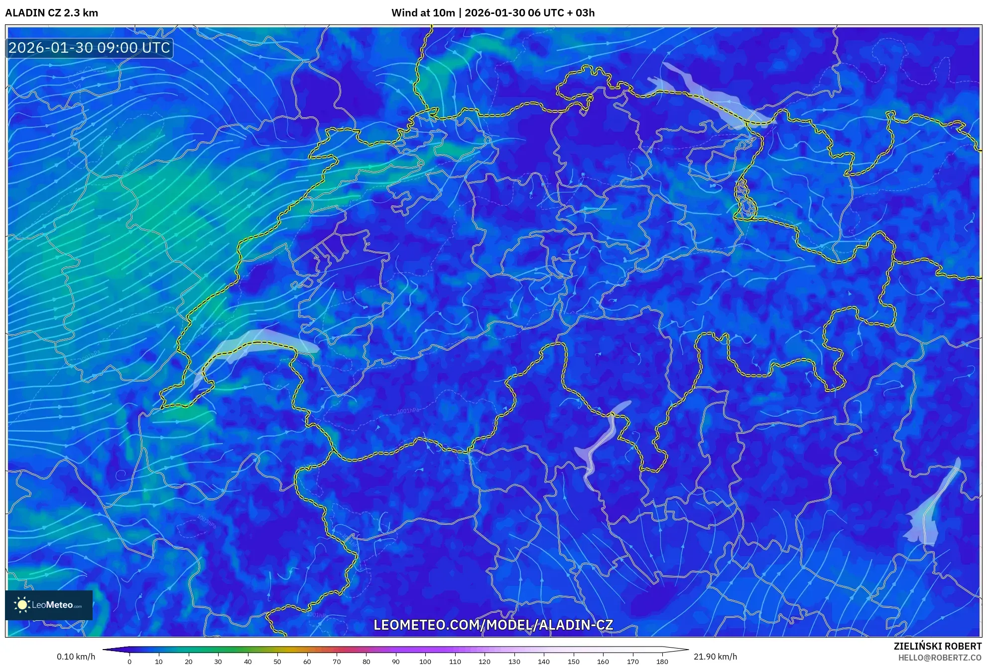 ALADIN CZ 2.3 km model - Switzerland, Wind at 10m