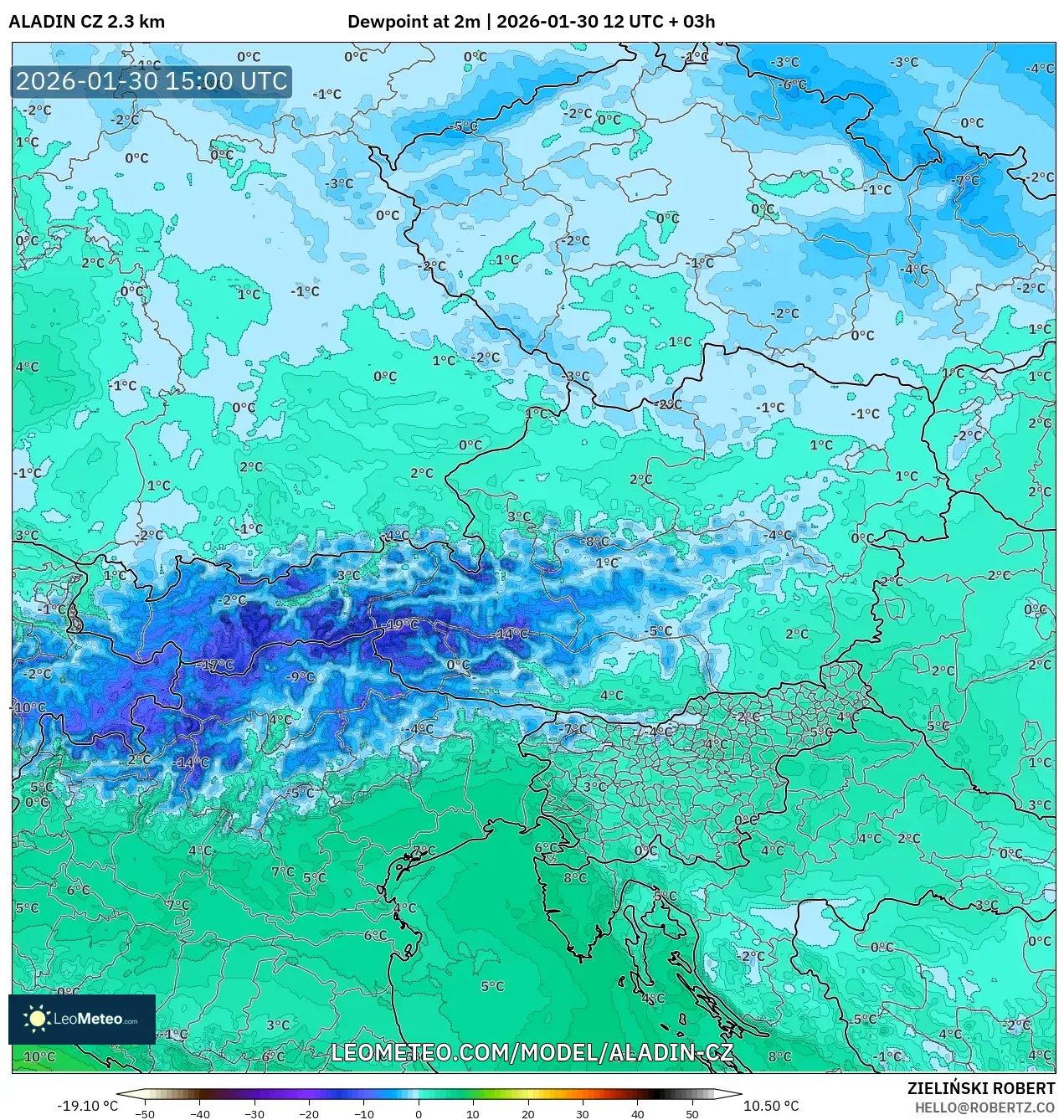 ALADIN CZ 2.3 km model - Austria, Dewpoint at 2m